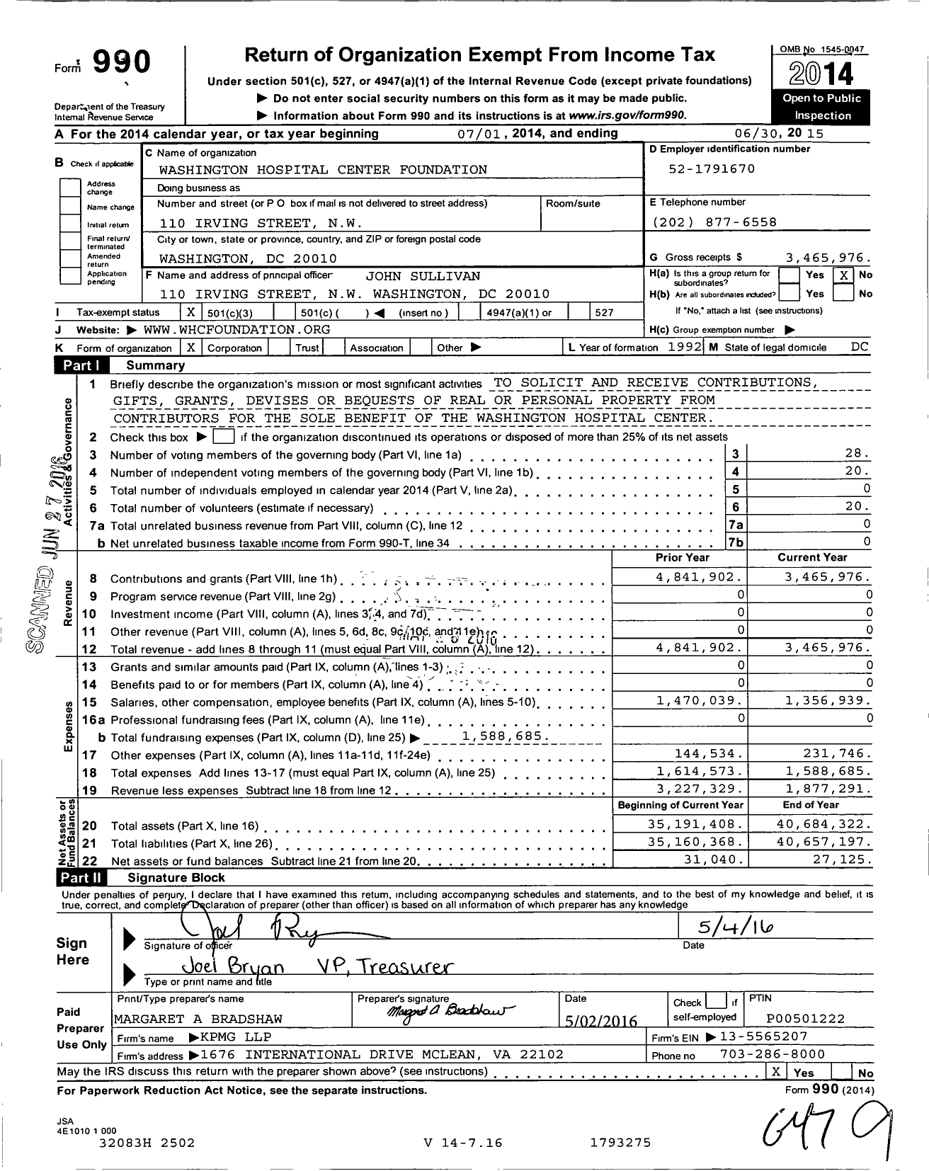 Image of first page of 2014 Form 990 for Washington Hospital Center Foundation