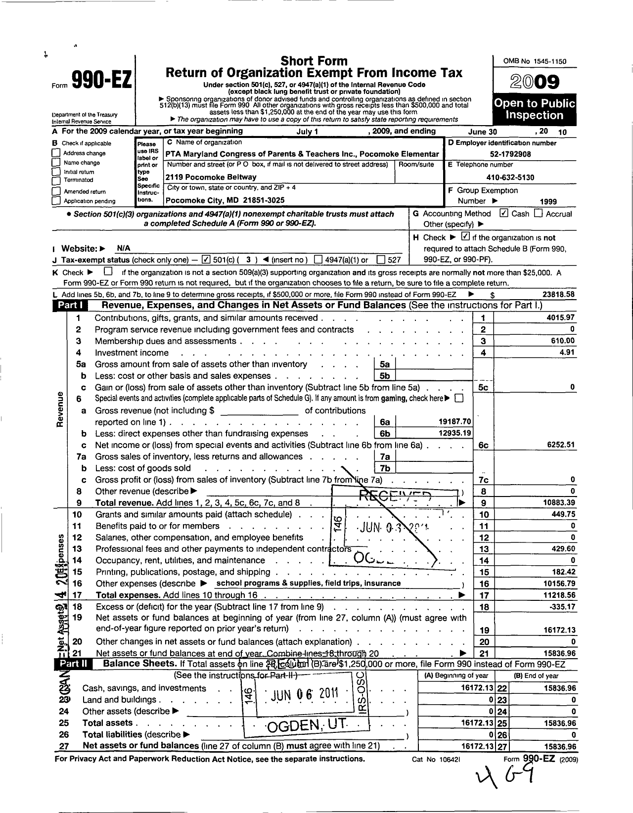 Image of first page of 2009 Form 990EZ for PTA Maryland Congress of Parents and Teachers / Pocomoke Elementary School PTA