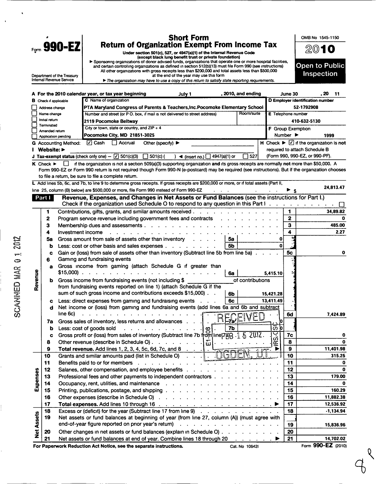 Image of first page of 2010 Form 990EZ for PTA Maryland Congress of Parents and Teachers / Pocomoke Elementary School PTA