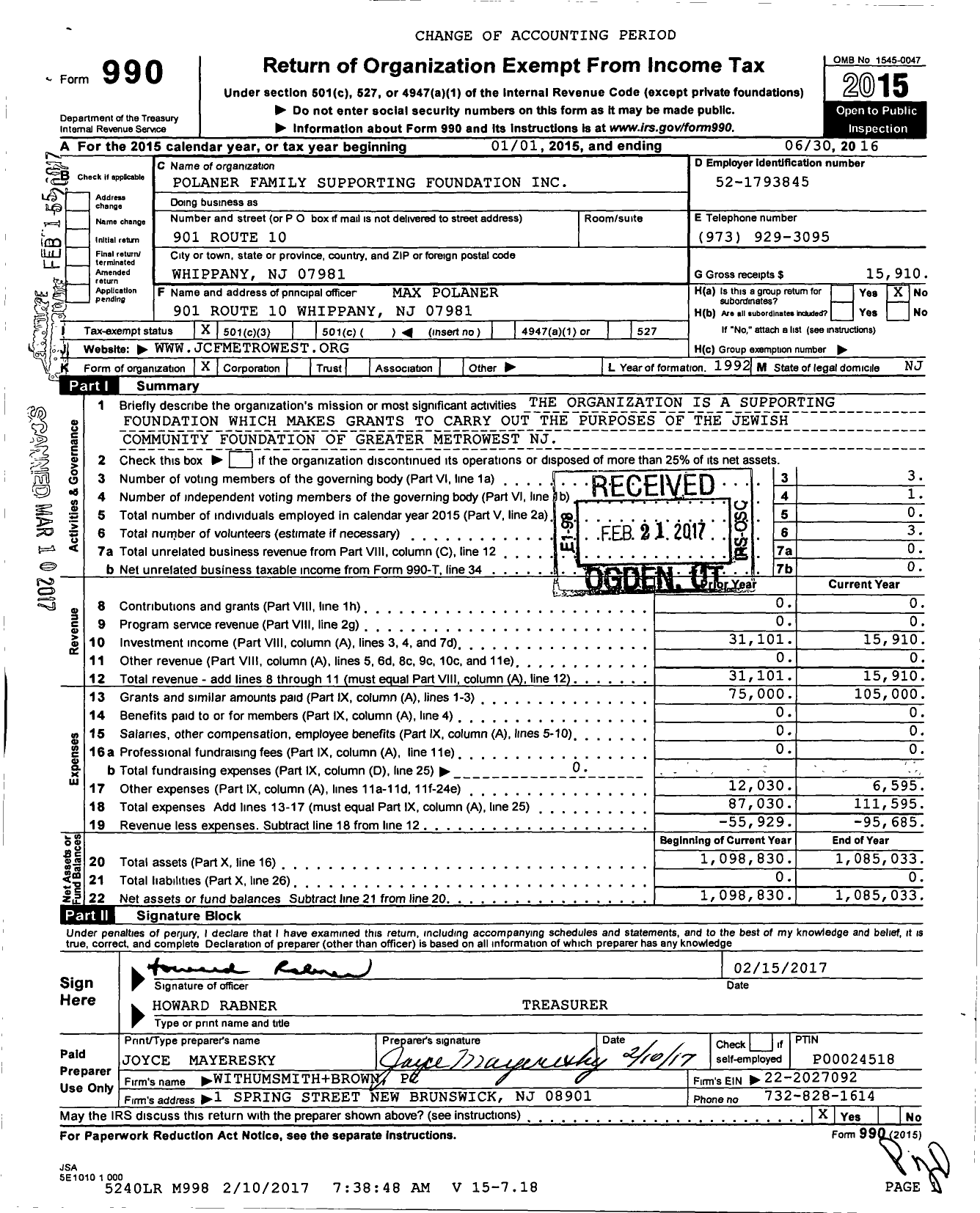 Image of first page of 2015 Form 990 for Polaner Family Supporting Foundation