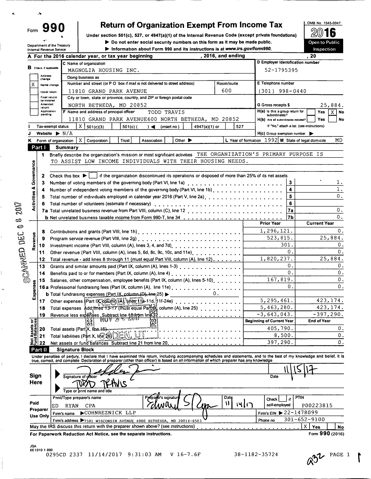 Image of first page of 2016 Form 990 for Magnolia Housing