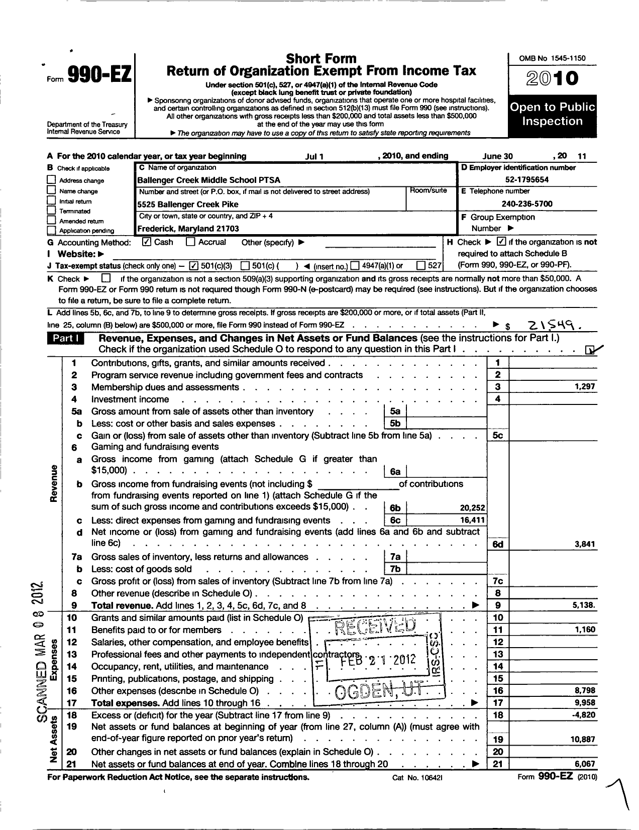 Image of first page of 2010 Form 990EZ for PTA Delaware Congress / Ballenger Creek Middle School PTA