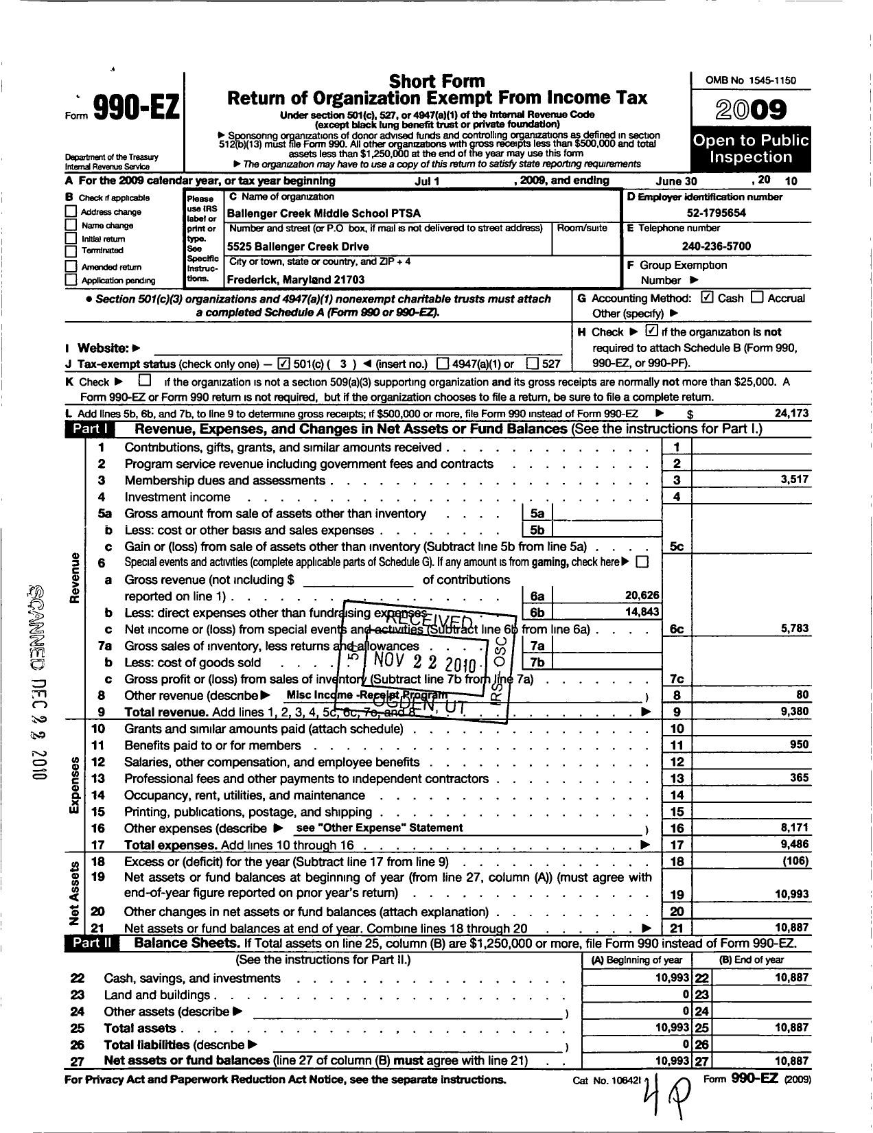 Image of first page of 2009 Form 990EZ for PTA Delaware Congress / Ballenger Creek Middle School PTA