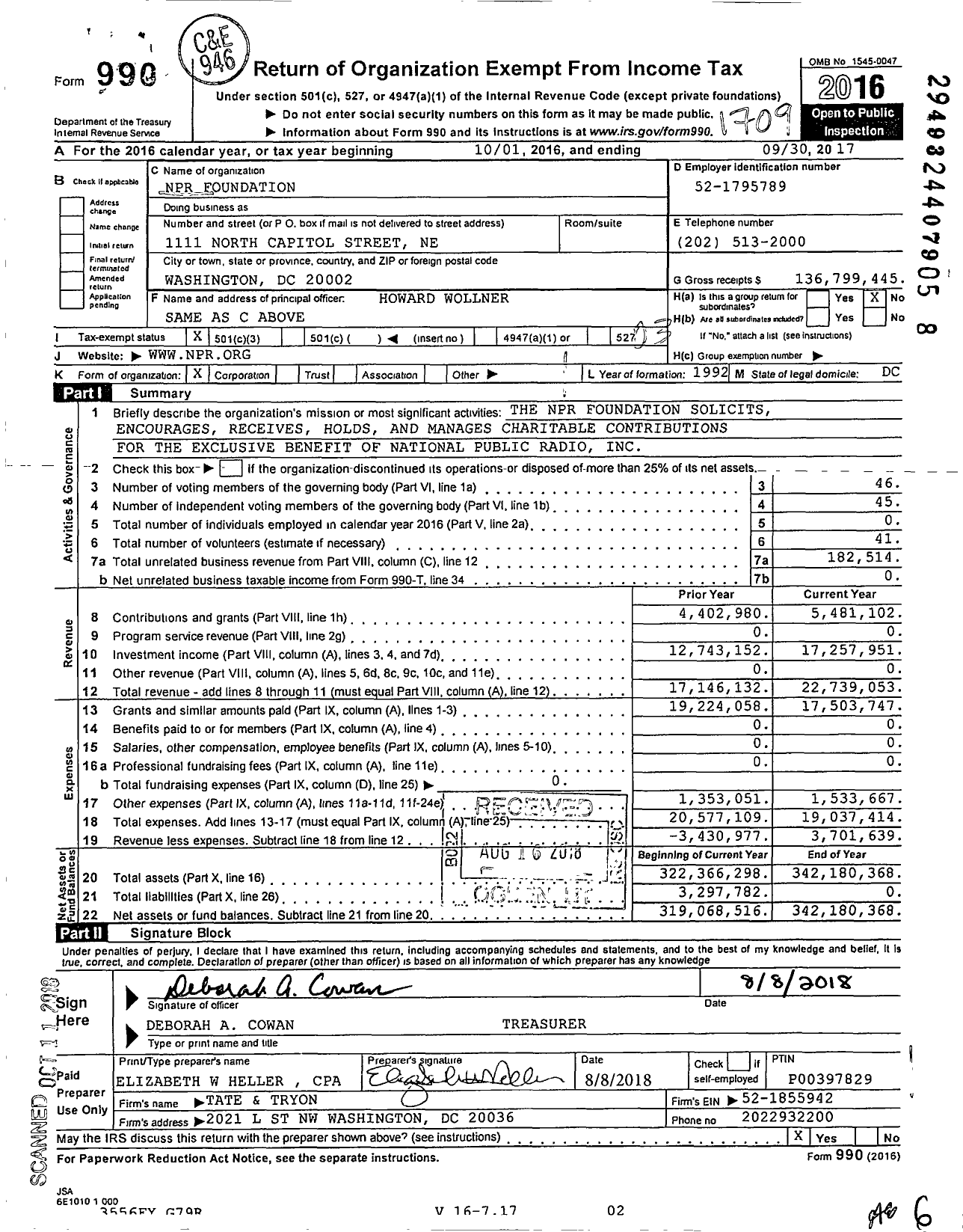 Image of first page of 2016 Form 990 for NPR Foundation