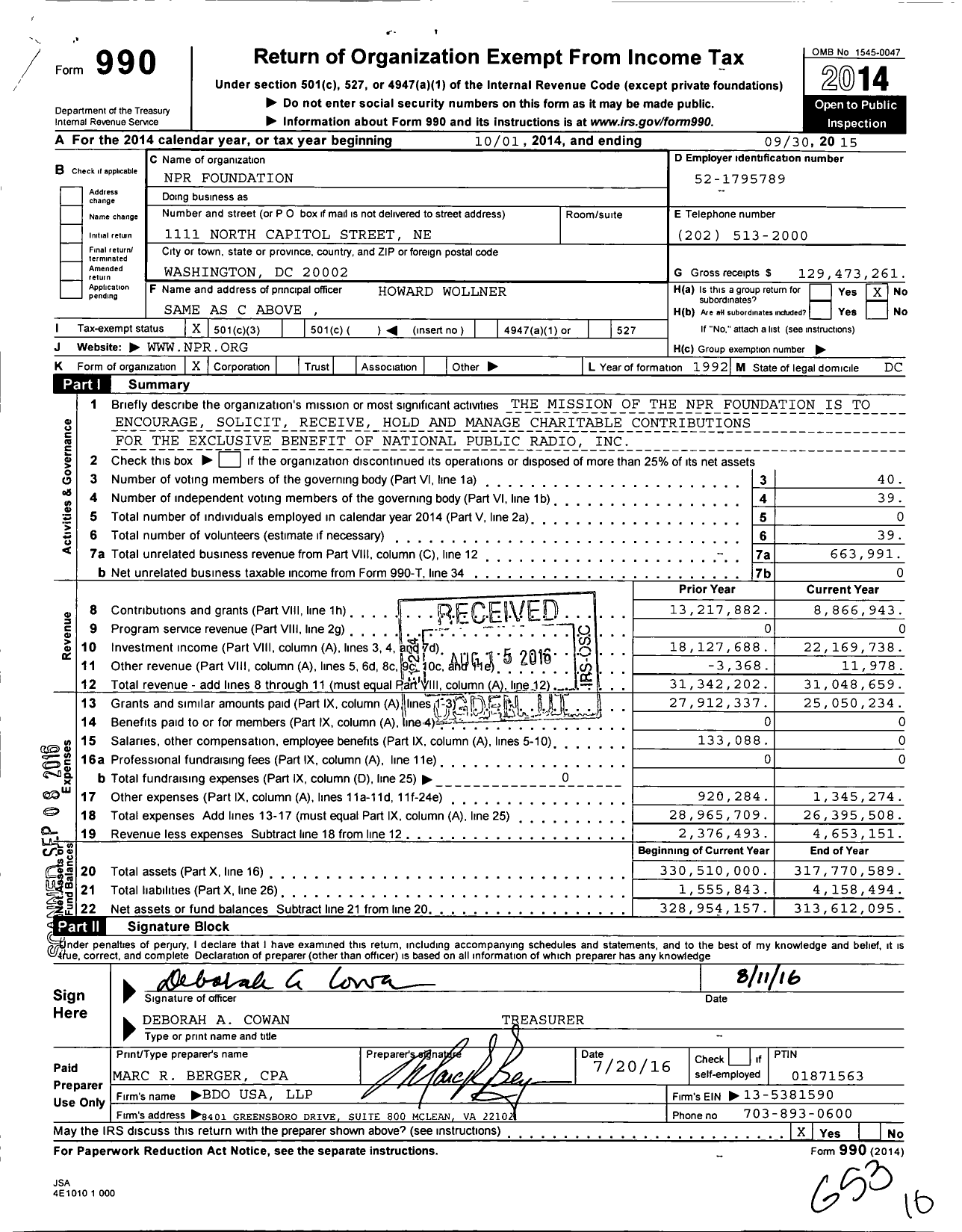 Image of first page of 2014 Form 990 for NPR Foundation