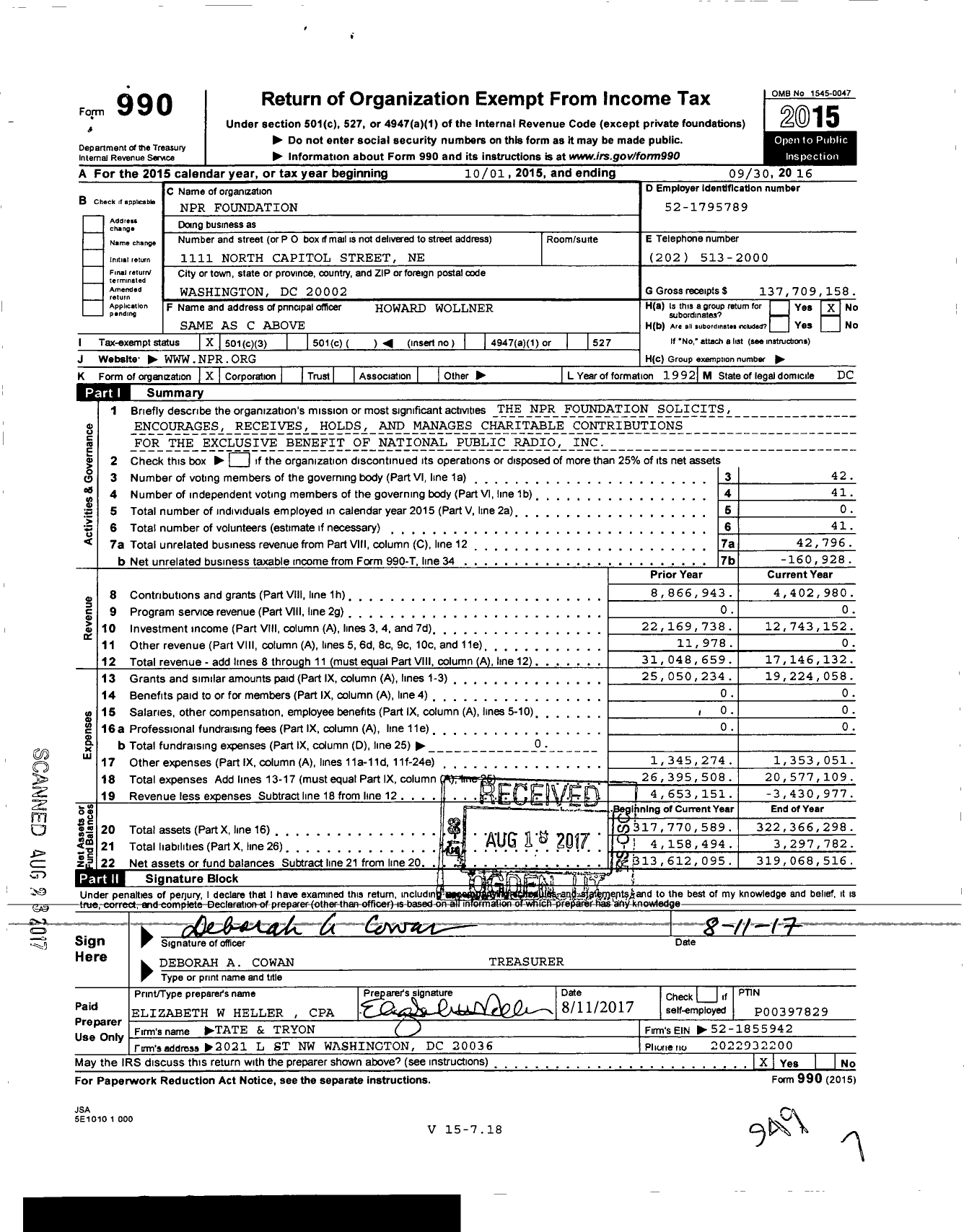 Image of first page of 2015 Form 990 for NPR Foundation