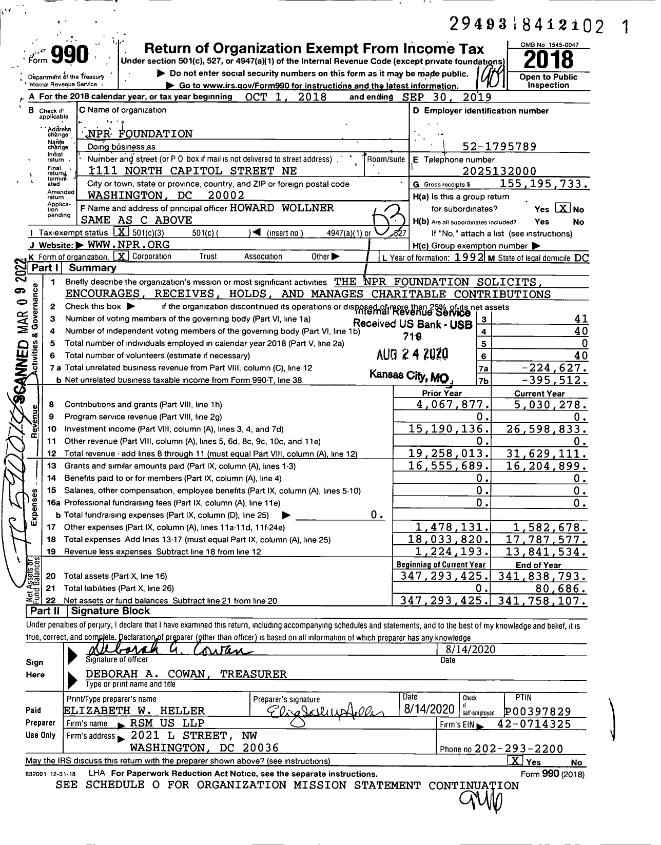 Image of first page of 2018 Form 990 for NPR Foundation