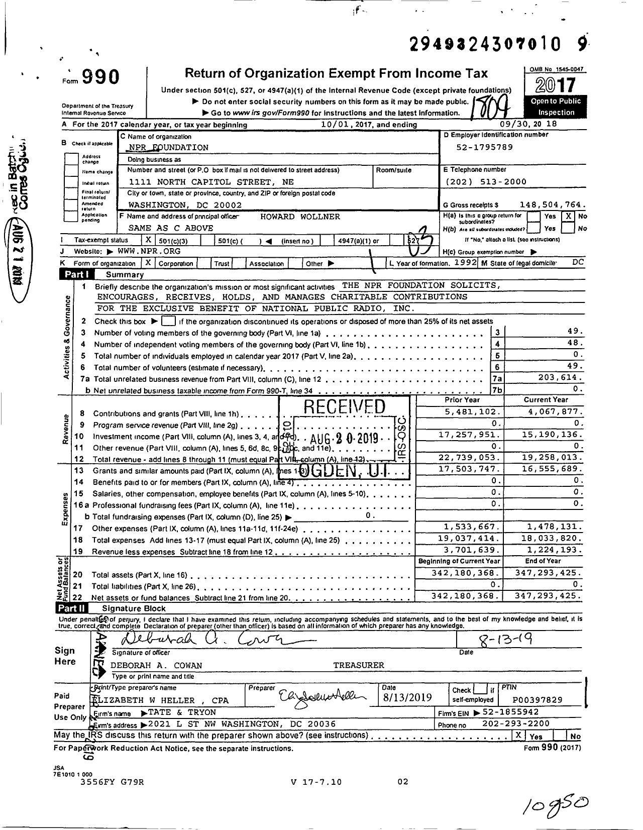 Image of first page of 2017 Form 990 for NPR Foundation
