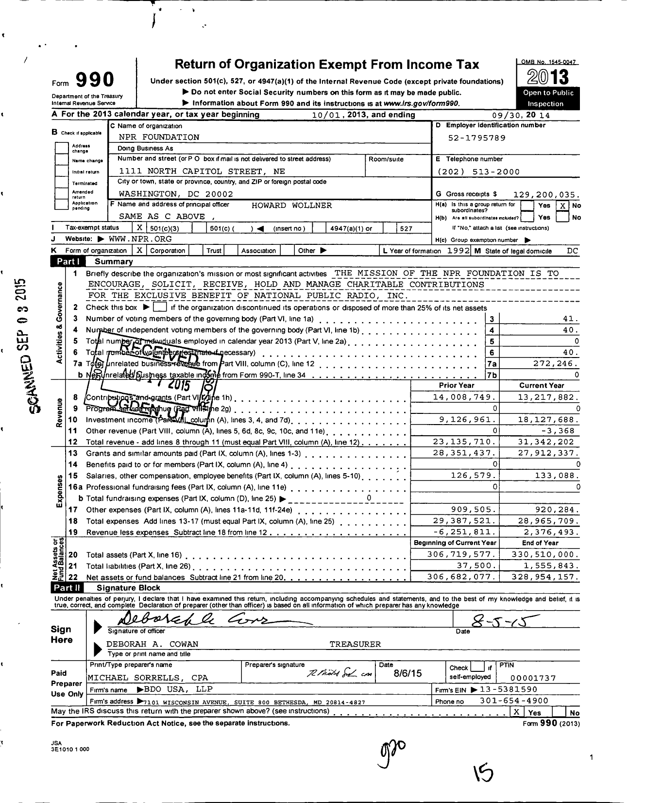 Image of first page of 2013 Form 990 for NPR Foundation