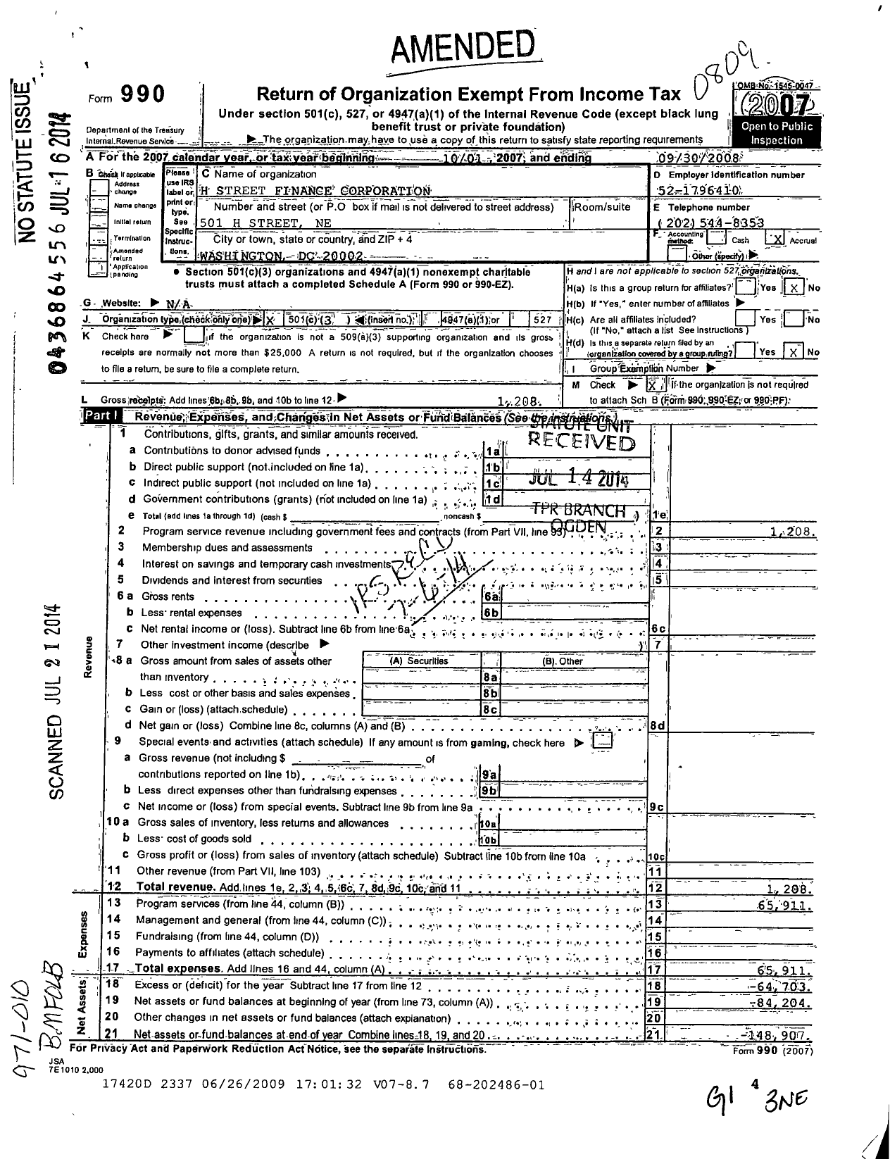 Image of first page of 2007 Form 990 for H Street Finance Corporation