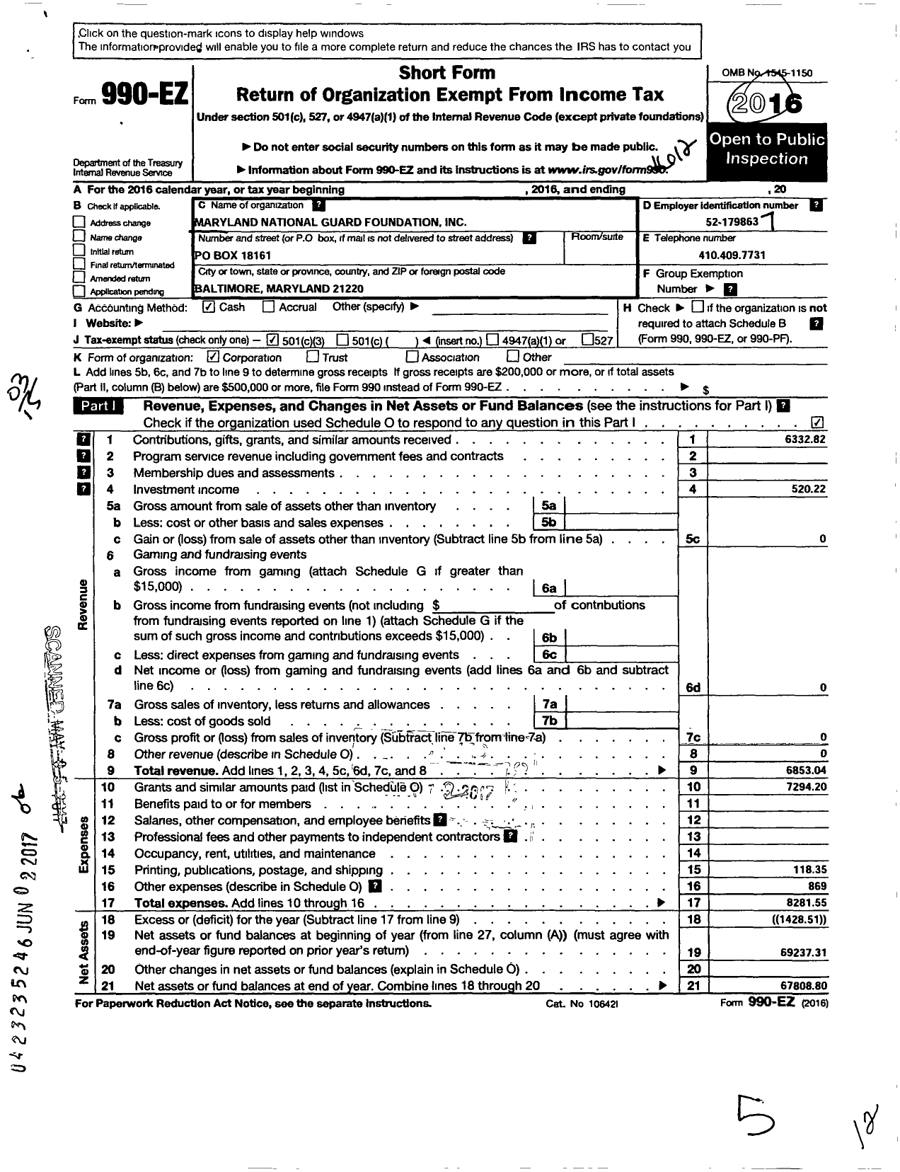 Image of first page of 2016 Form 990EZ for Maryland National Guard Foundation