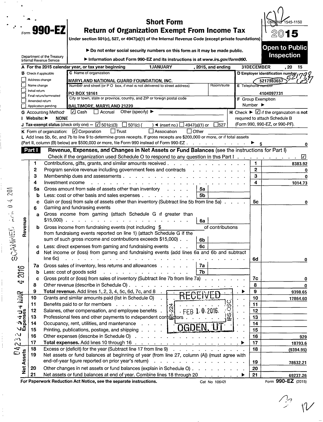 Image of first page of 2015 Form 990EZ for Maryland National Guard Foundation