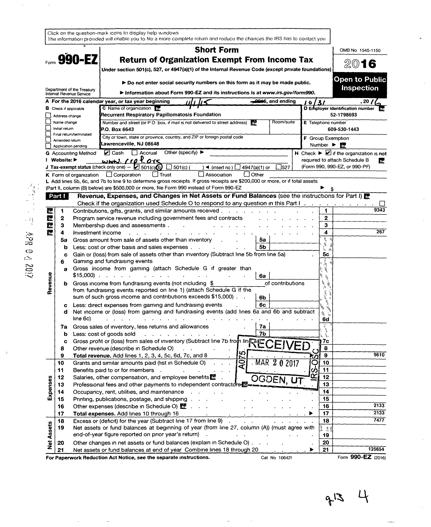 Image of first page of 2015 Form 990EZ for Recurrent Respiratory Papillomatosis Foundation