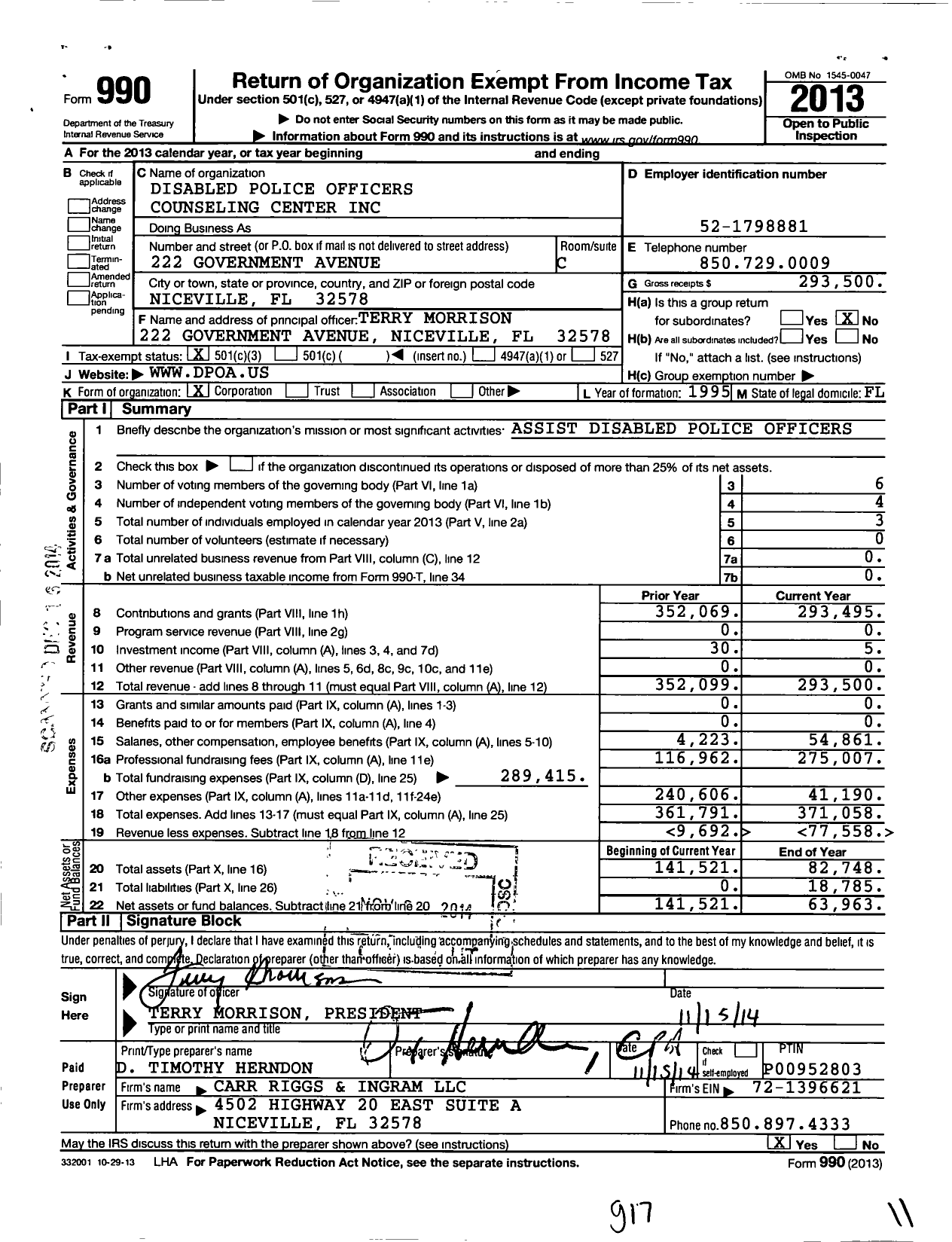 Image of first page of 2013 Form 990 for Disabled Police Officers Counseling Center