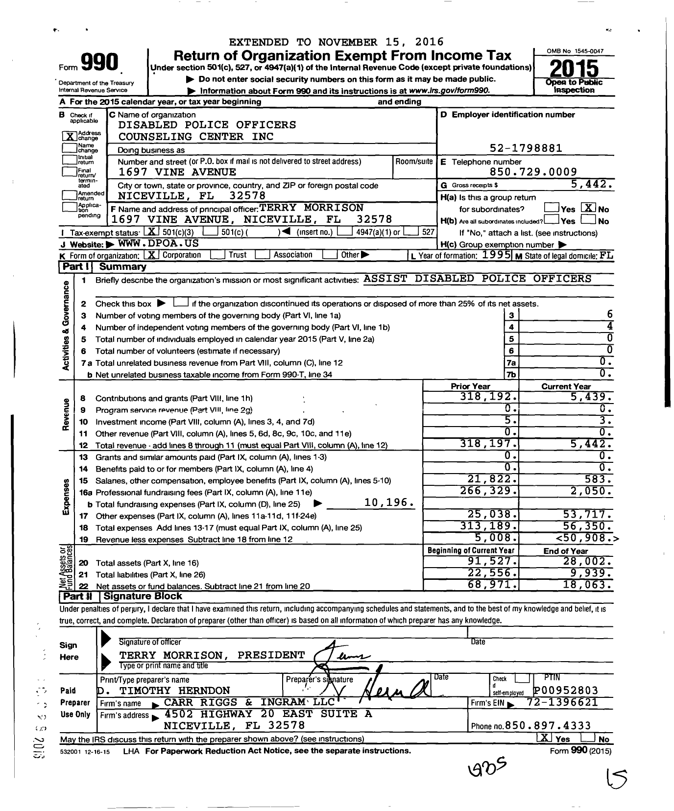 Image of first page of 2015 Form 990 for Disabled Police Officers Counseling Center