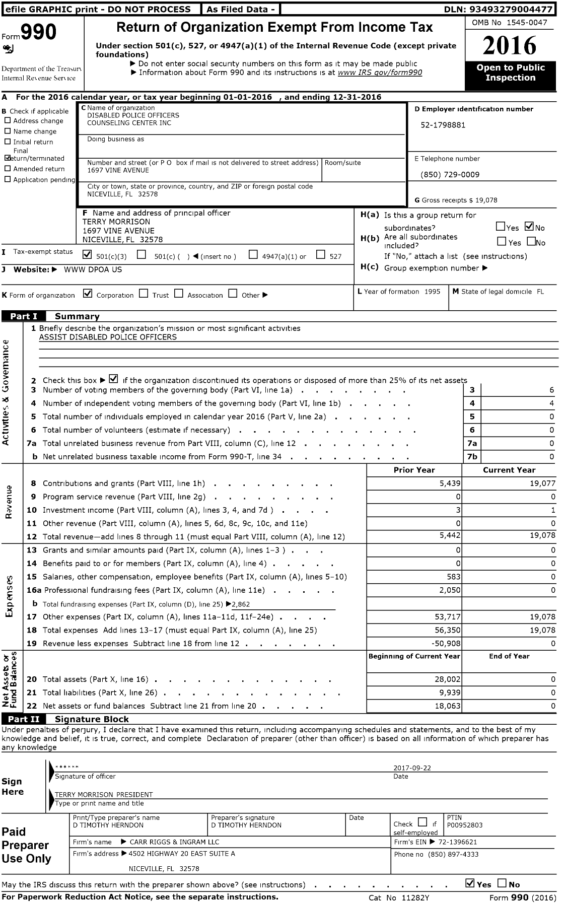 Image of first page of 2016 Form 990 for Disabled Police Officers Counseling Center