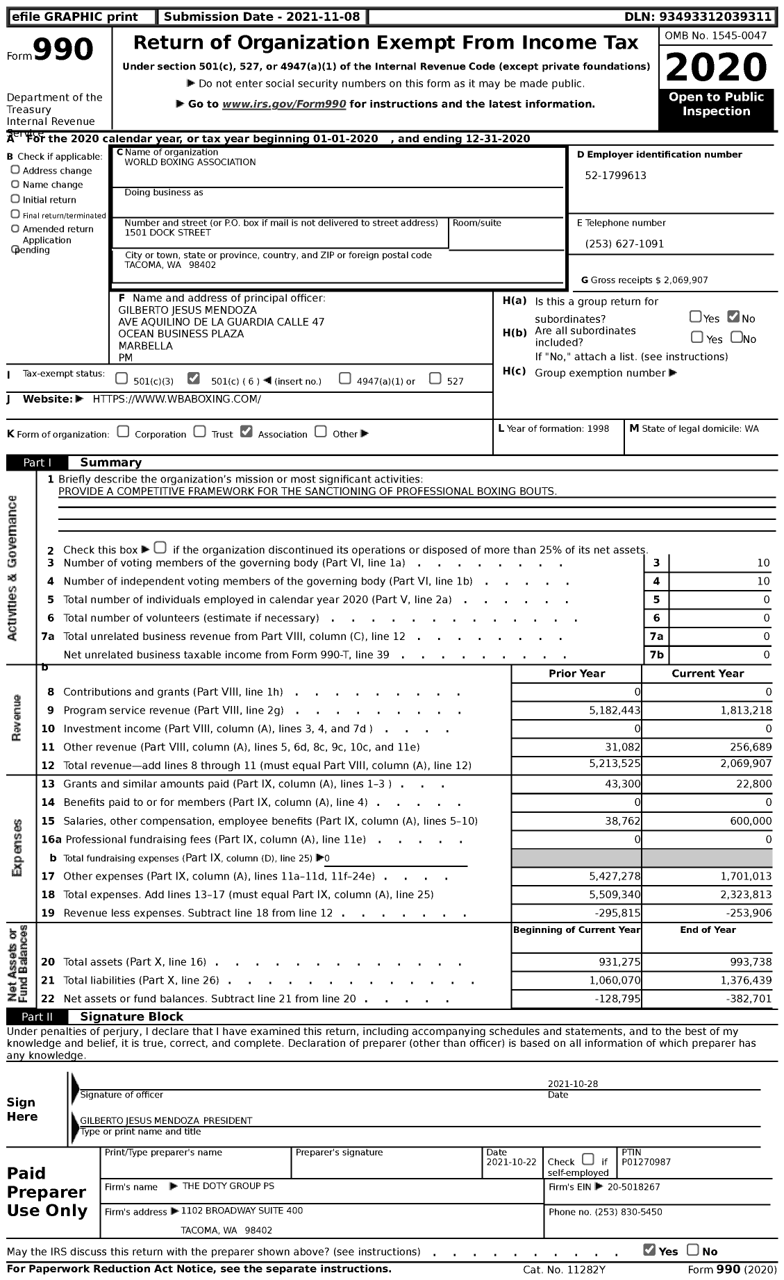 Image of first page of 2020 Form 990 for World Boxing Association