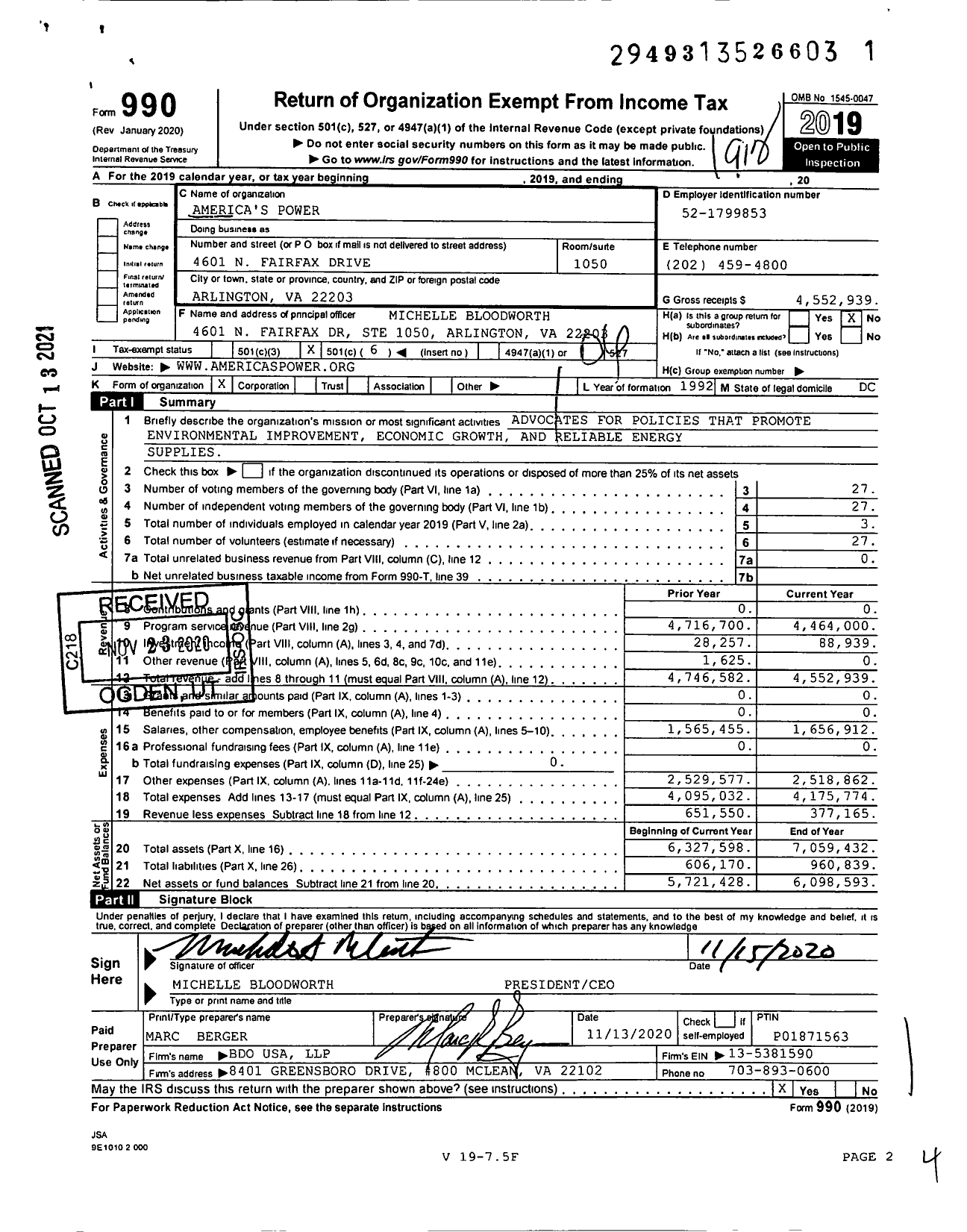 Image of first page of 2019 Form 990O for America's Power (ACCCE)