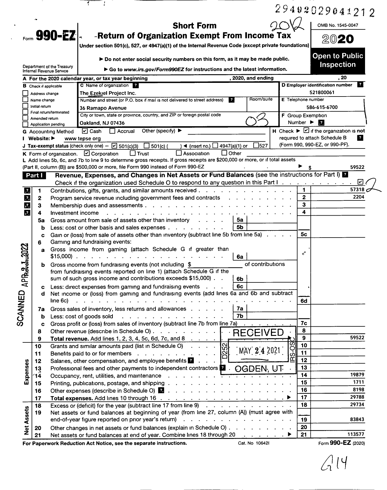 Image of first page of 2020 Form 990EZ for The Ezekiel Project