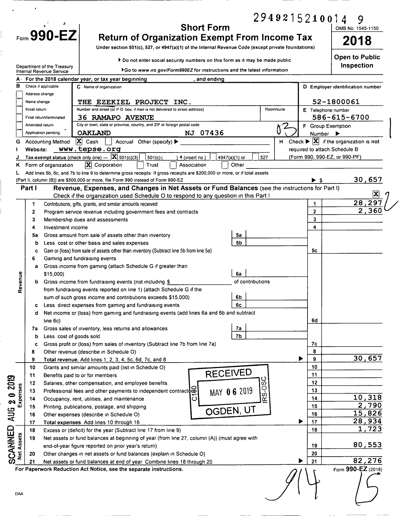 Image of first page of 2018 Form 990EZ for The Ezekiel Project