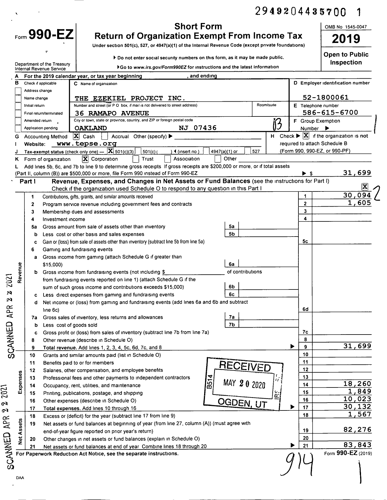 Image of first page of 2019 Form 990EZ for The Ezekiel Project