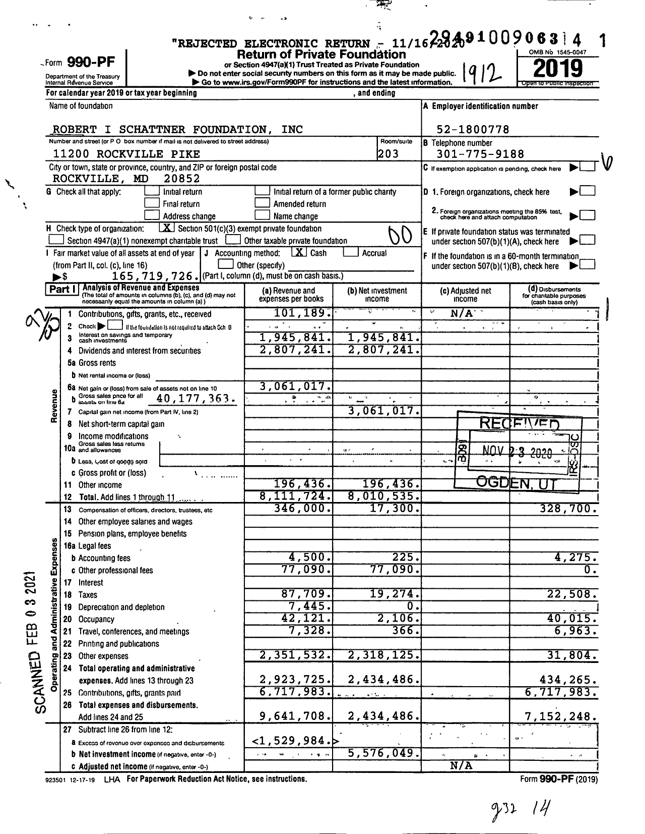 Image of first page of 2019 Form 990PF for Robert I. Schattner Foundation