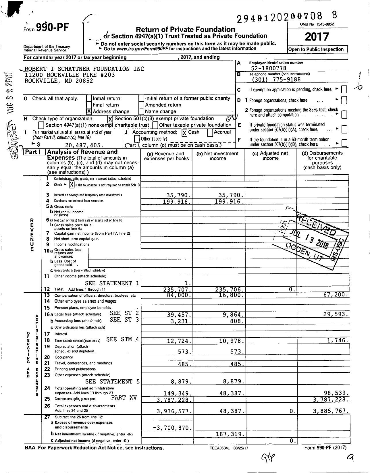 Image of first page of 2017 Form 990PF for Robert I. Schattner Foundation