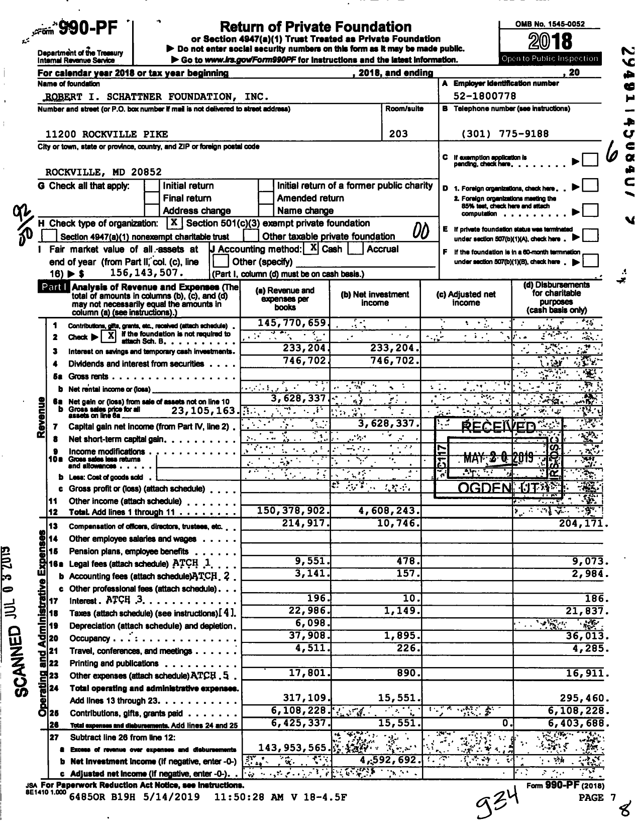 Image of first page of 2018 Form 990PF for Robert I. Schattner Foundation