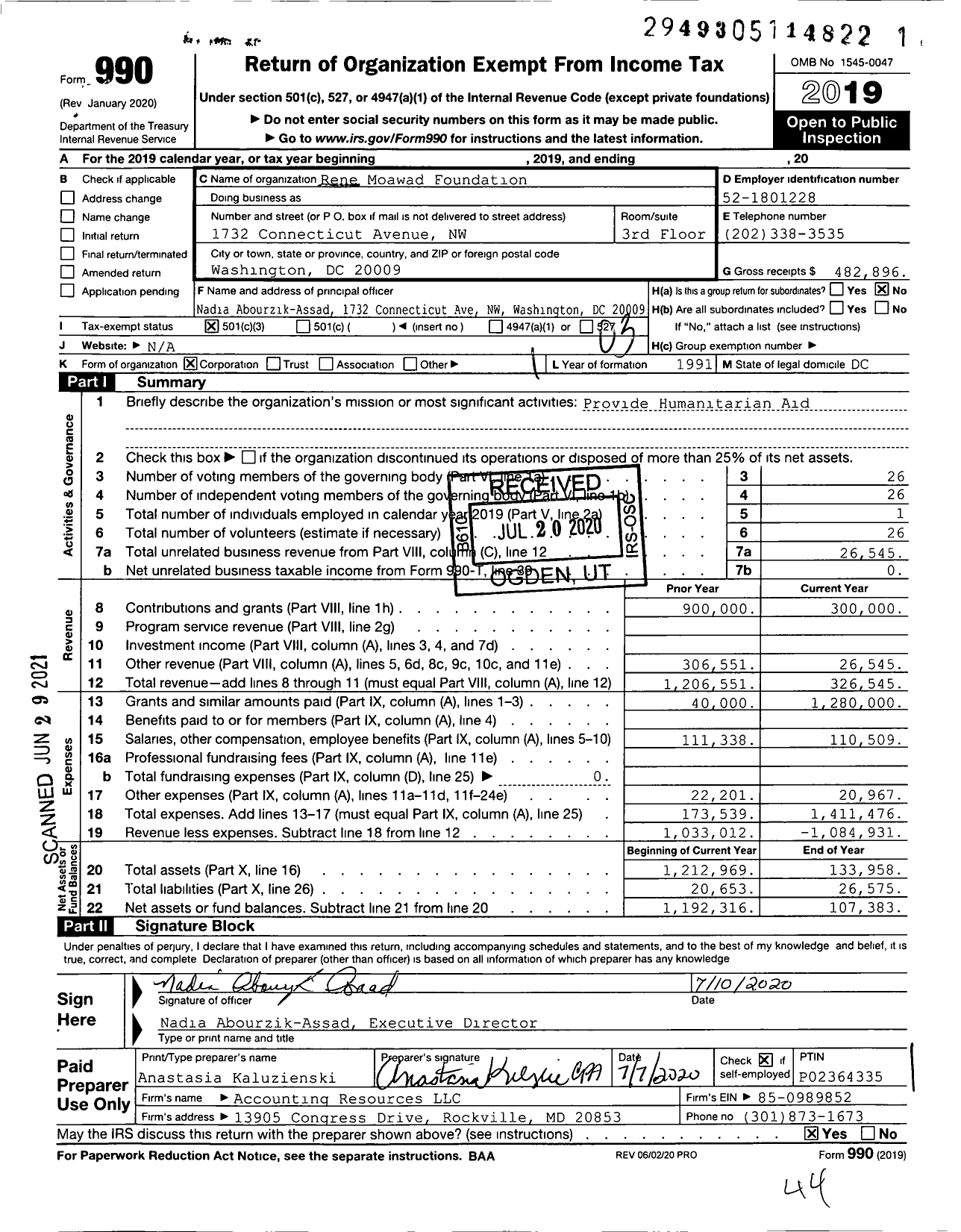 Image of first page of 2019 Form 990 for Rene Moawad Foundation