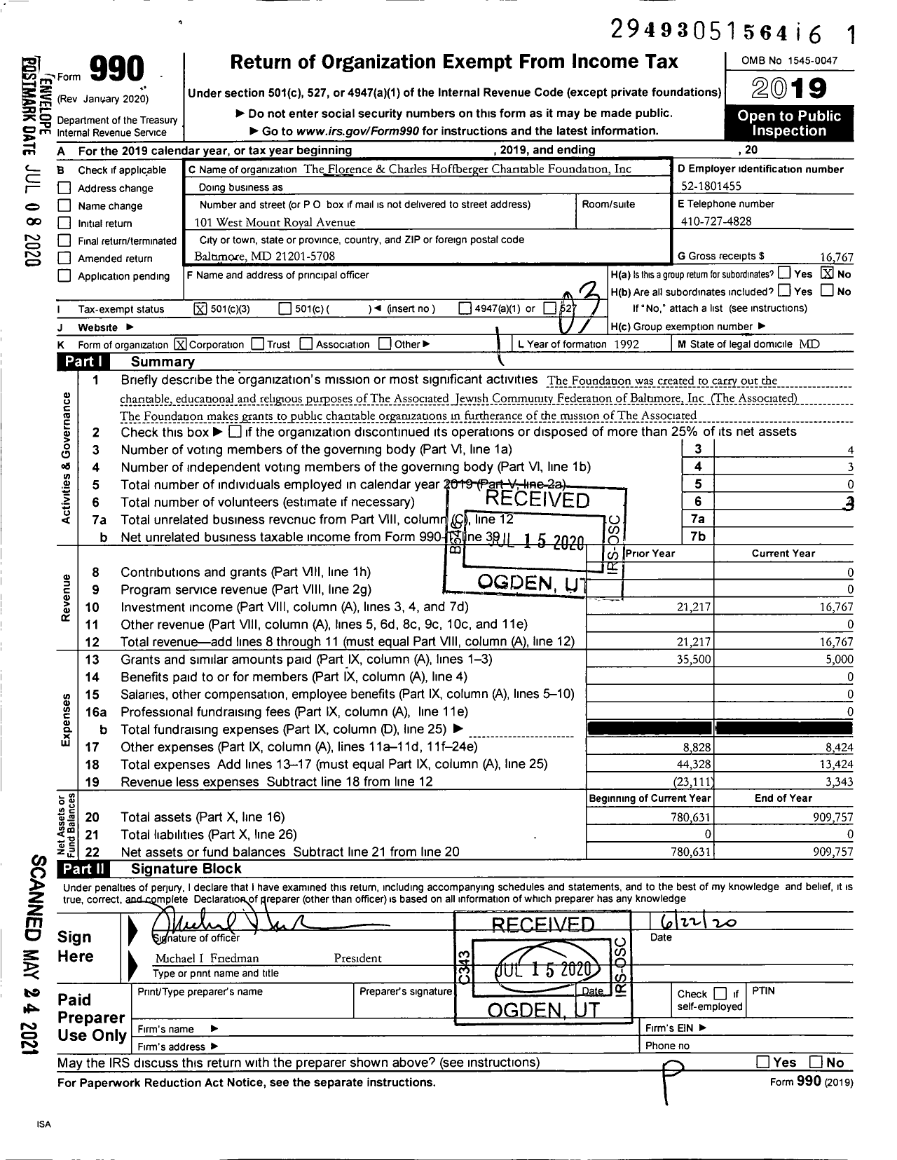 Image of first page of 2019 Form 990 for Florence and Charles Hoffberger Charitable Foundation