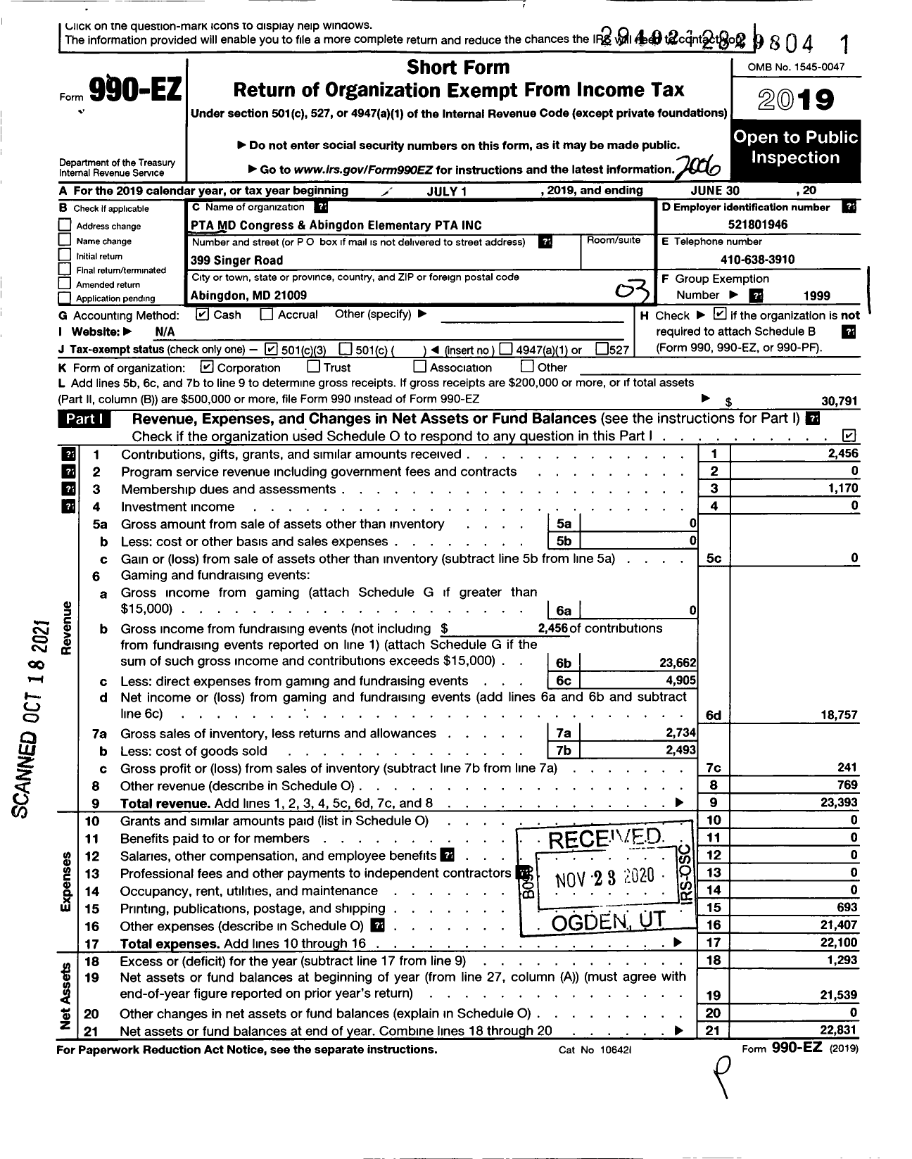 Image of first page of 2019 Form 990EZ for PTA Abingdon Elementary MD Congress
