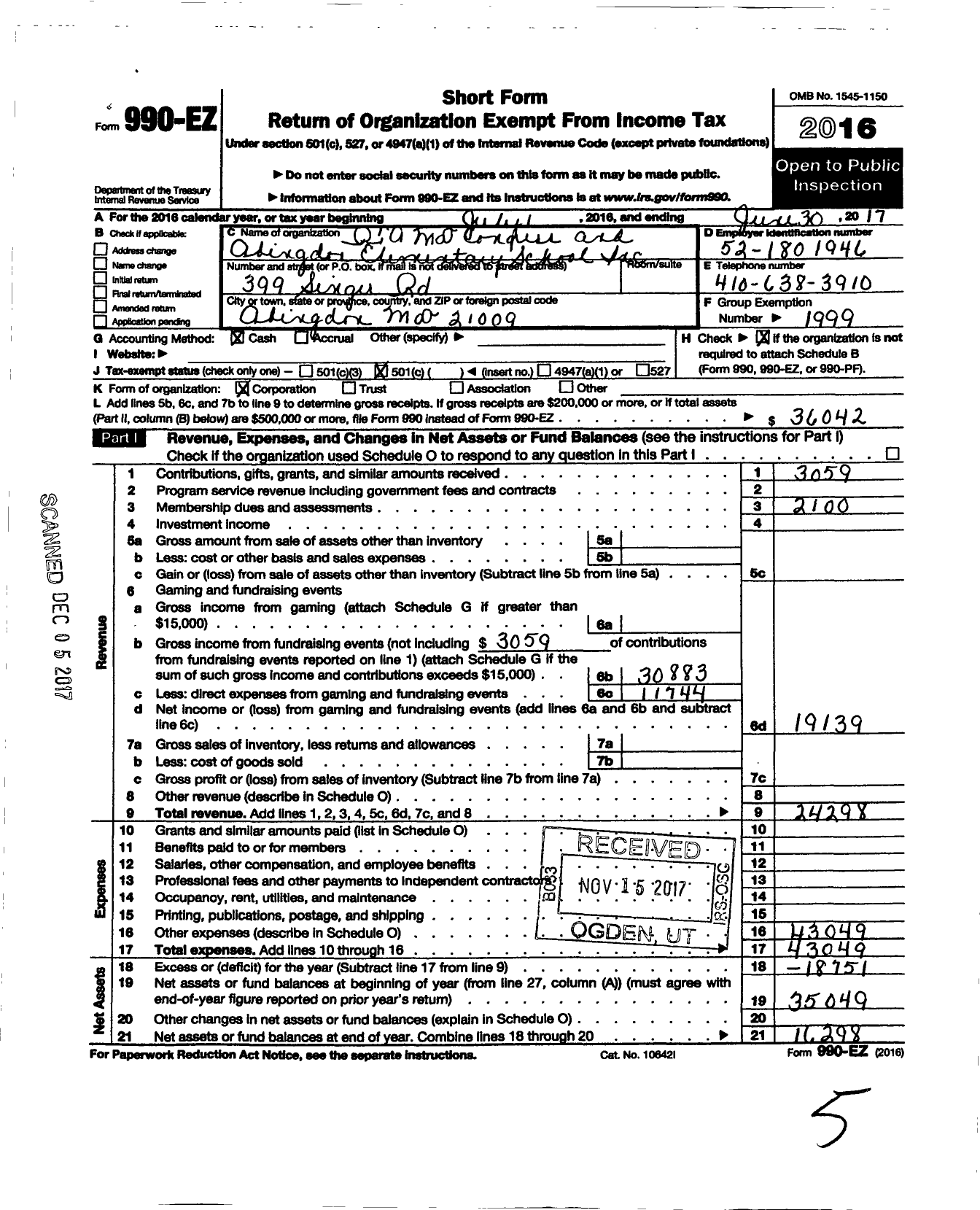 Image of first page of 2016 Form 990EO for PTA Abingdon Elementary MD Congress