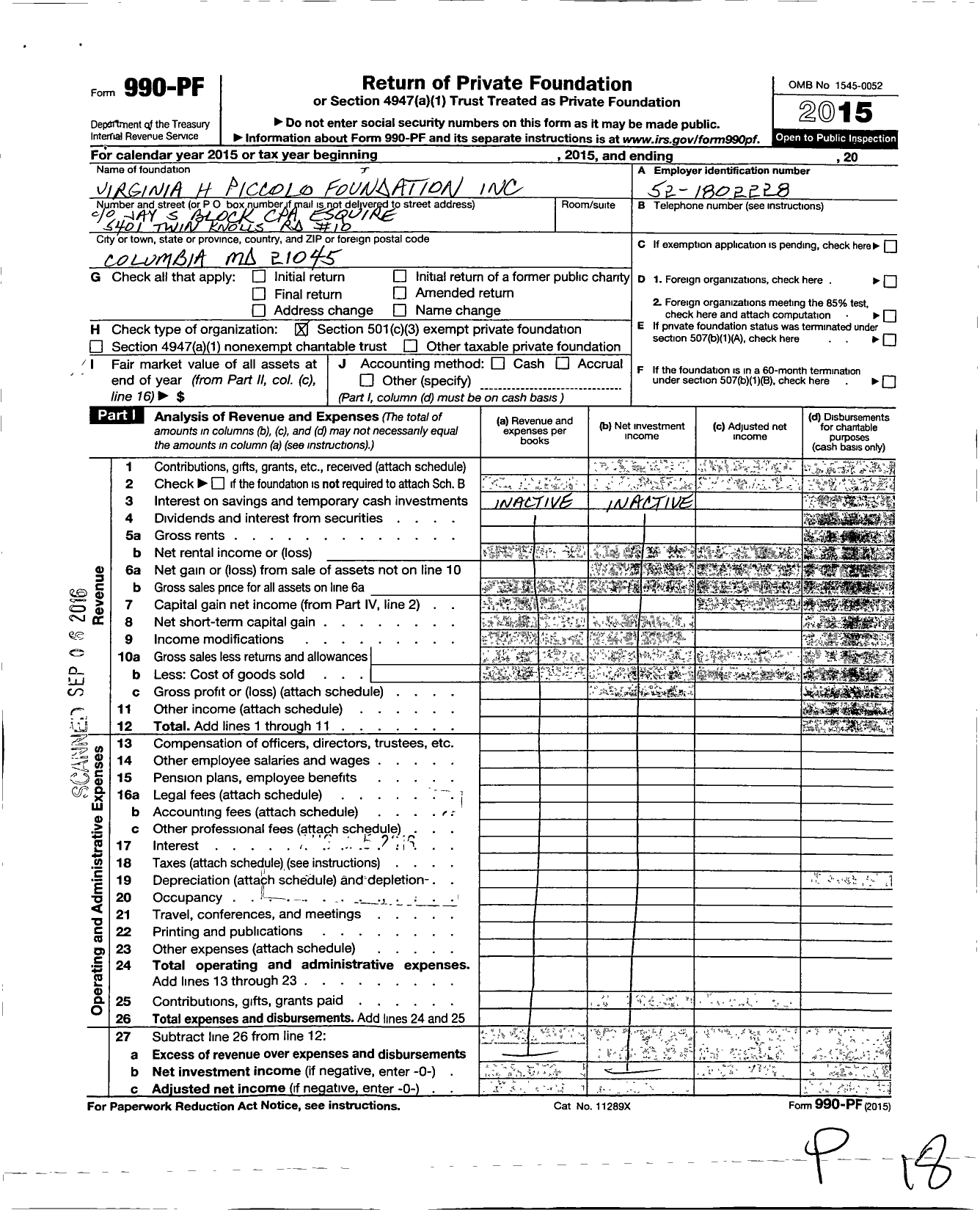 Image of first page of 2015 Form 990PF for Virginia H Piccolo Foundation