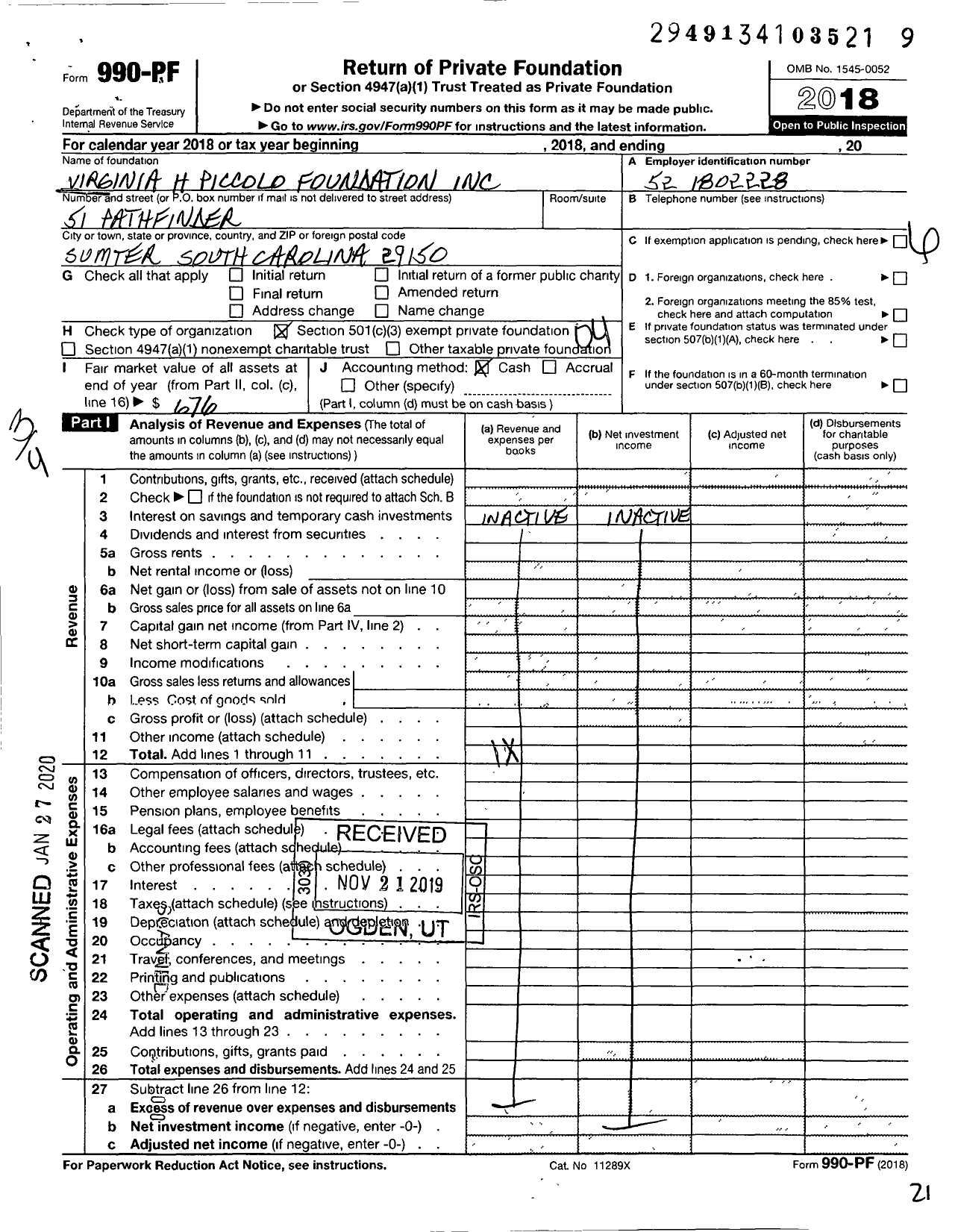 Image of first page of 2018 Form 990PF for Virginia H Piccolo Foundation