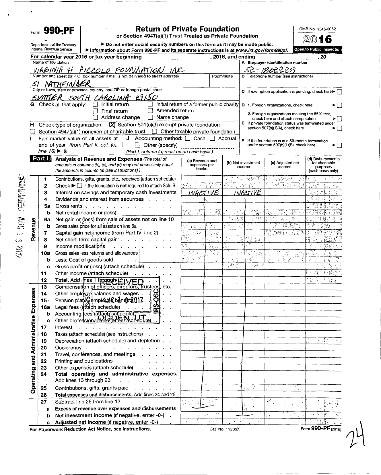 Image of first page of 2016 Form 990PF for Virginia H Piccolo Foundation