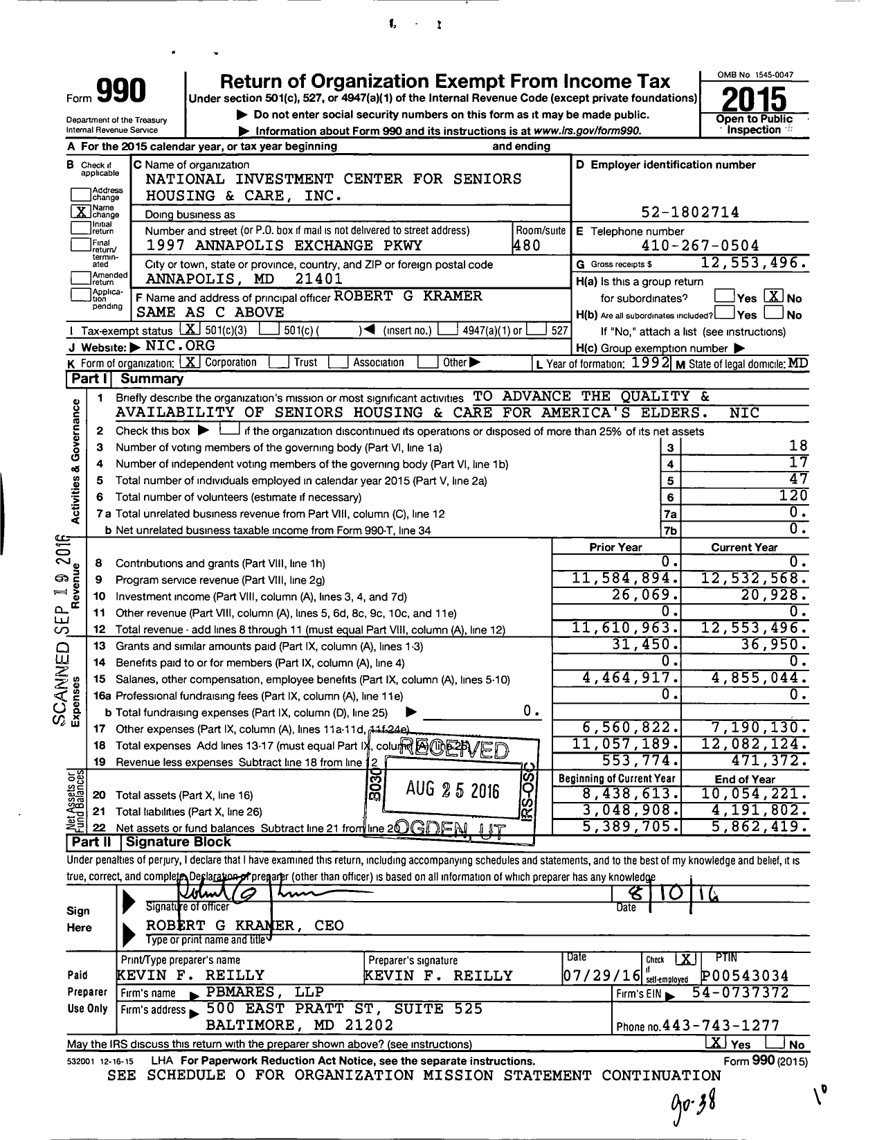 Image of first page of 2015 Form 990 for National Investment Center for Seniors Housing and Care (NIC)