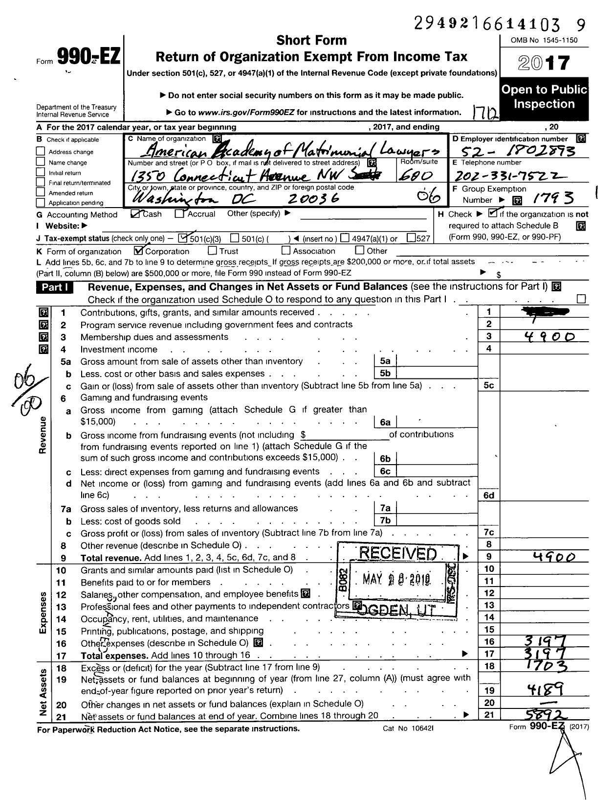 Image of first page of 2017 Form 990EO for DC Chapter of American Academy of Matrimonial Lawyers
