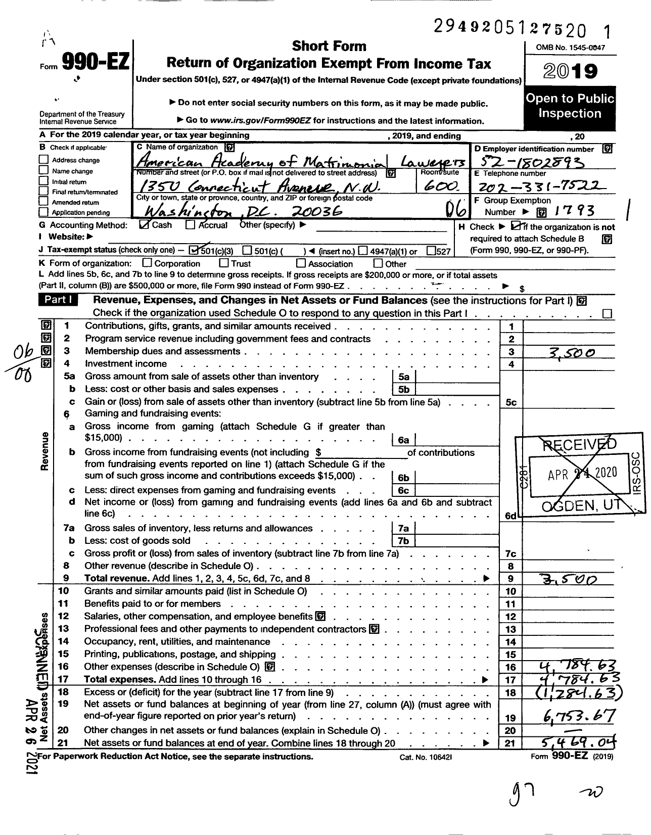 Image of first page of 2019 Form 990EO for DC Chapter of American Academy of Matrimonial Lawyers