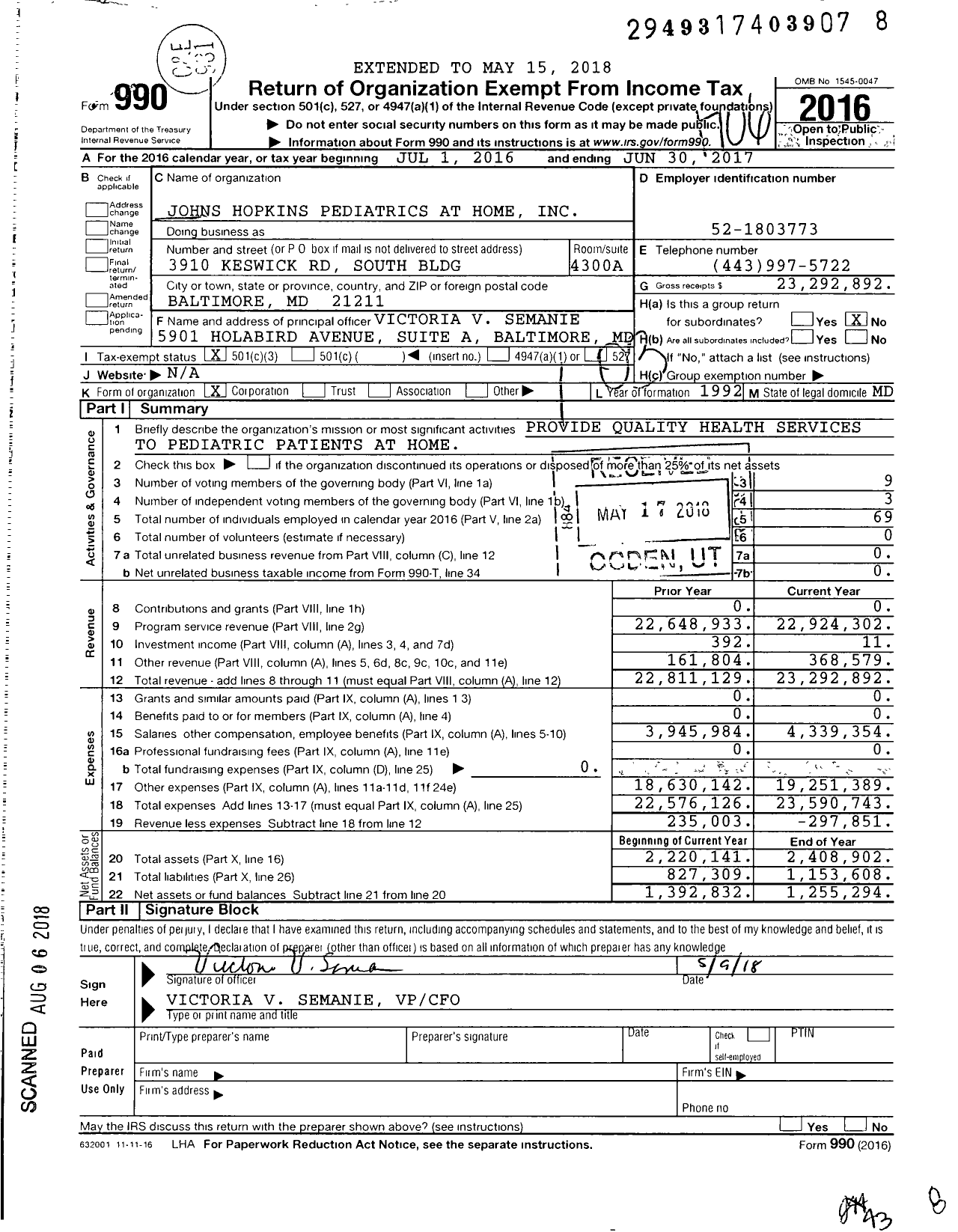 Image of first page of 2016 Form 990 for Johns Hopkins Pediatrics at Home
