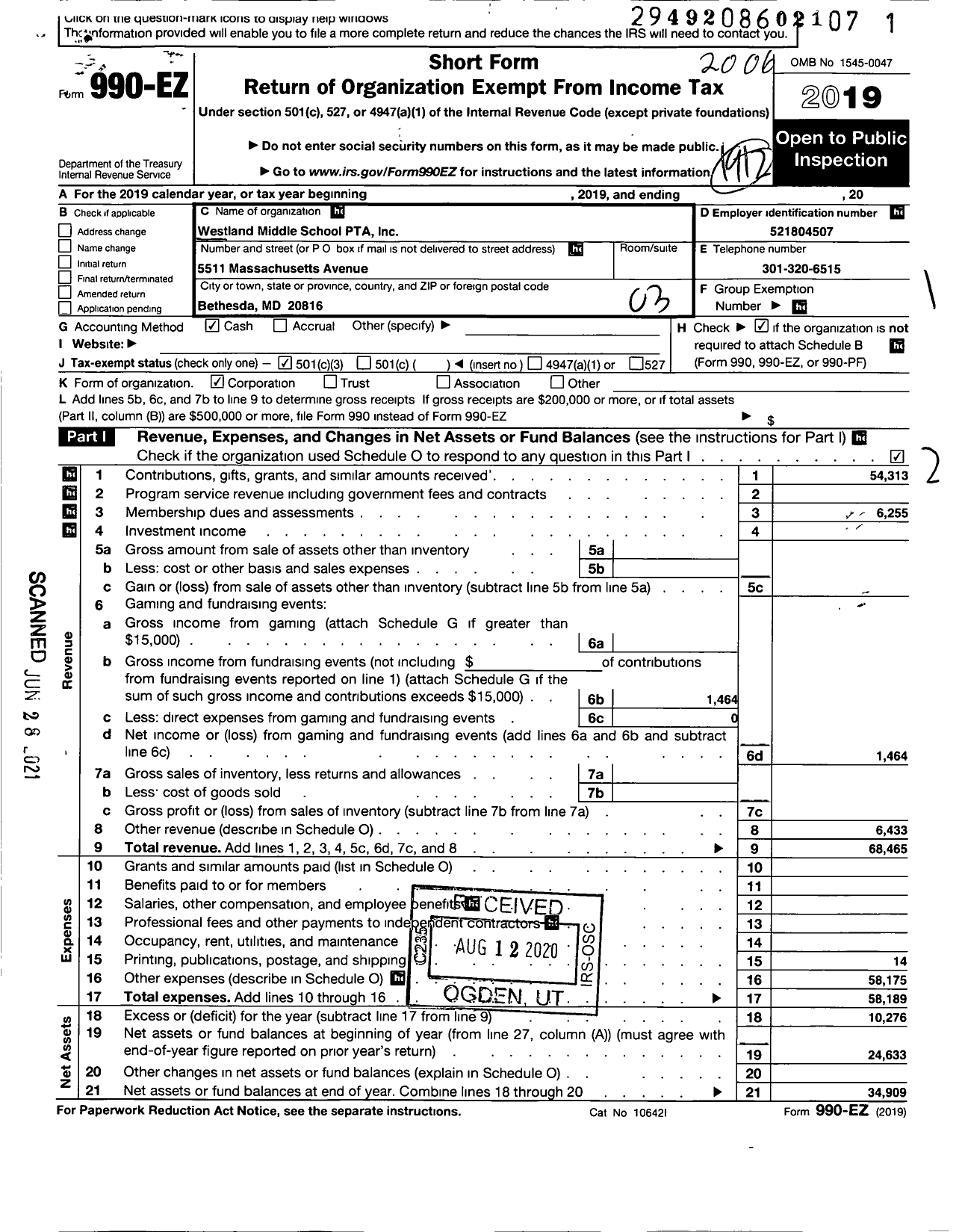 Image of first page of 2019 Form 990EZ for Westland Middle School Ptsa