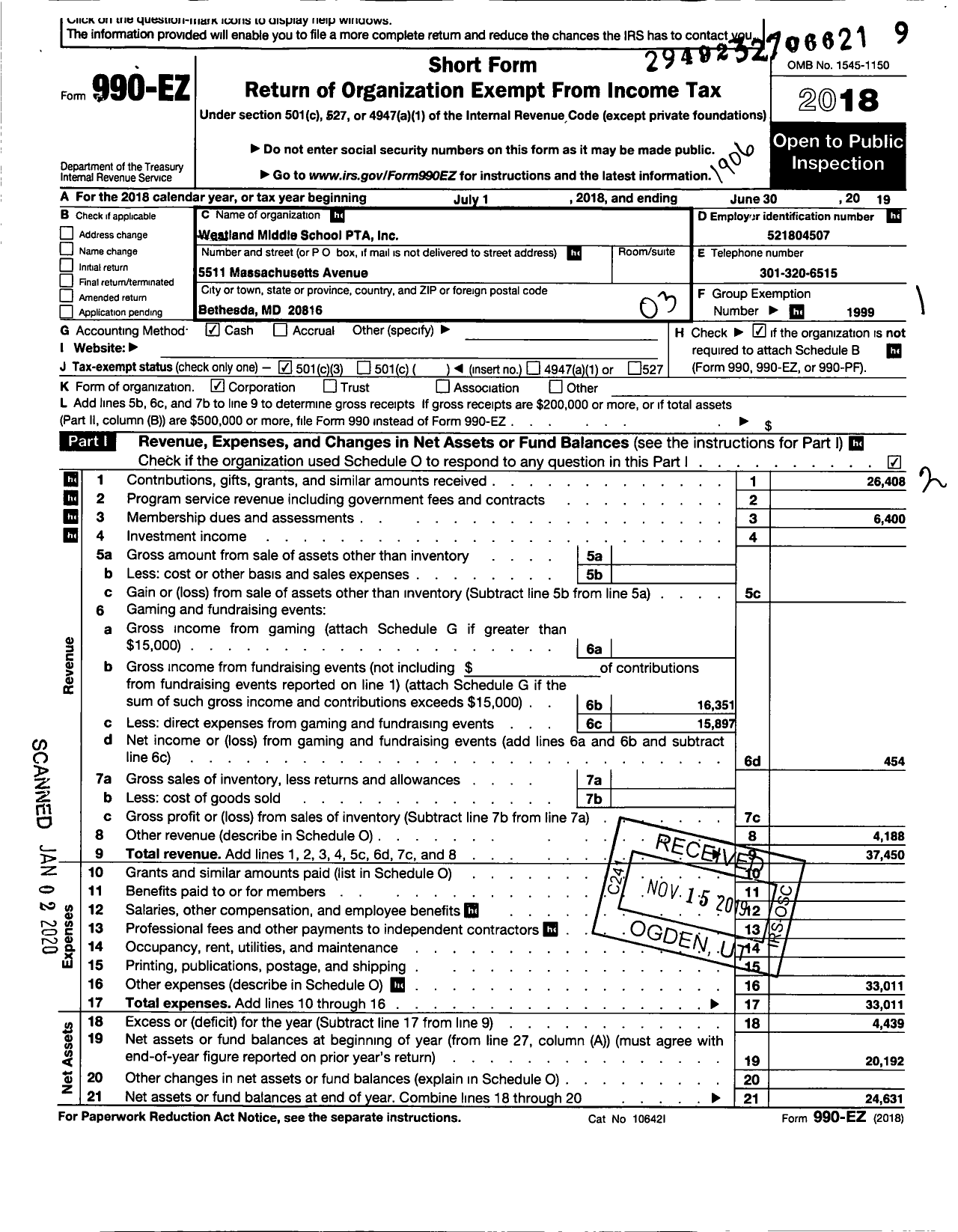 Image of first page of 2018 Form 990EZ for Westland Middle School Ptsa