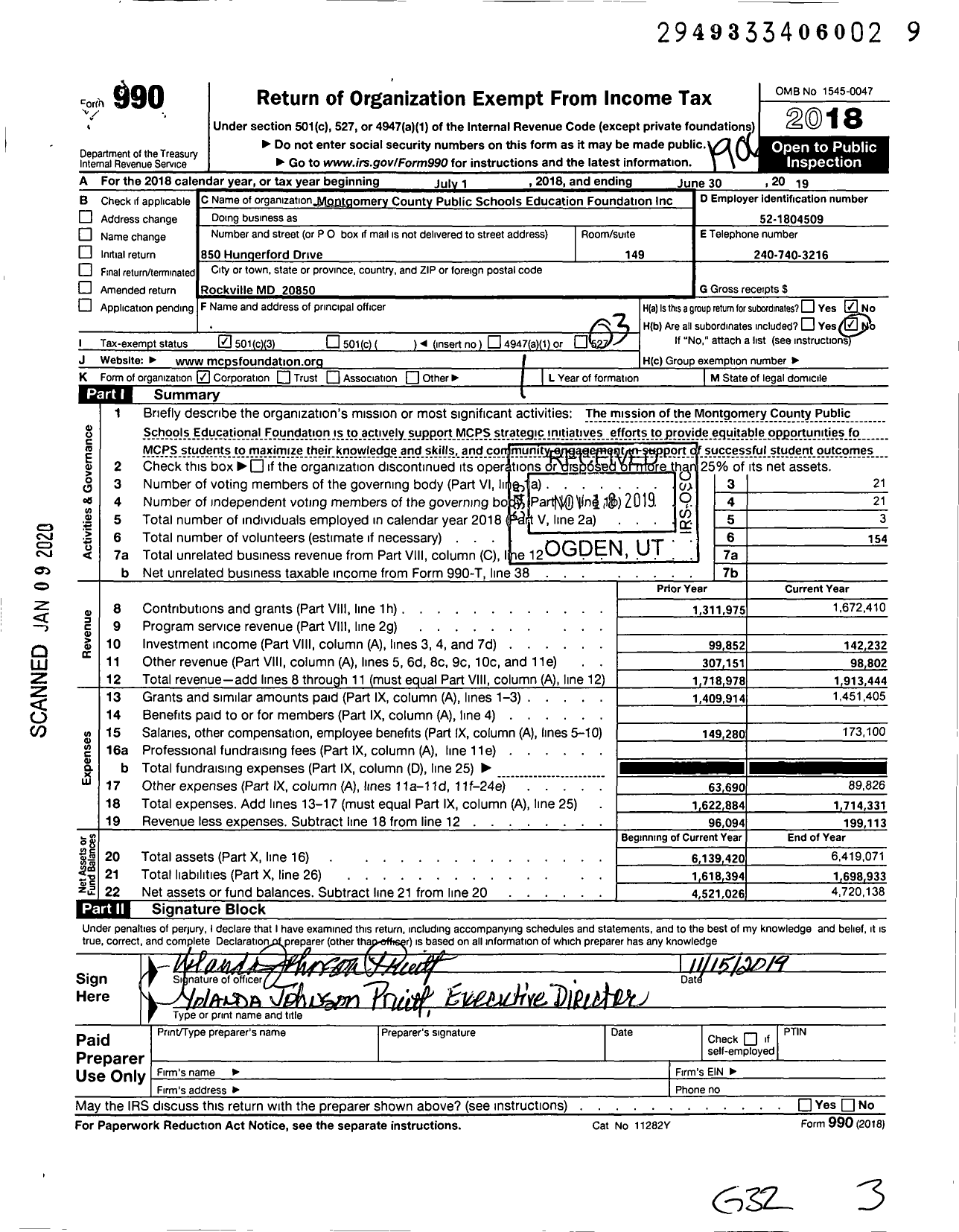 Image of first page of 2018 Form 990 for Montgomery County Public Schools Educational Foundation (MCPSEF)