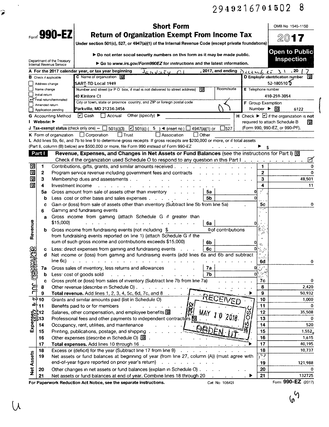 Image of first page of 2017 Form 990EO for Smart Union - 1949 TD