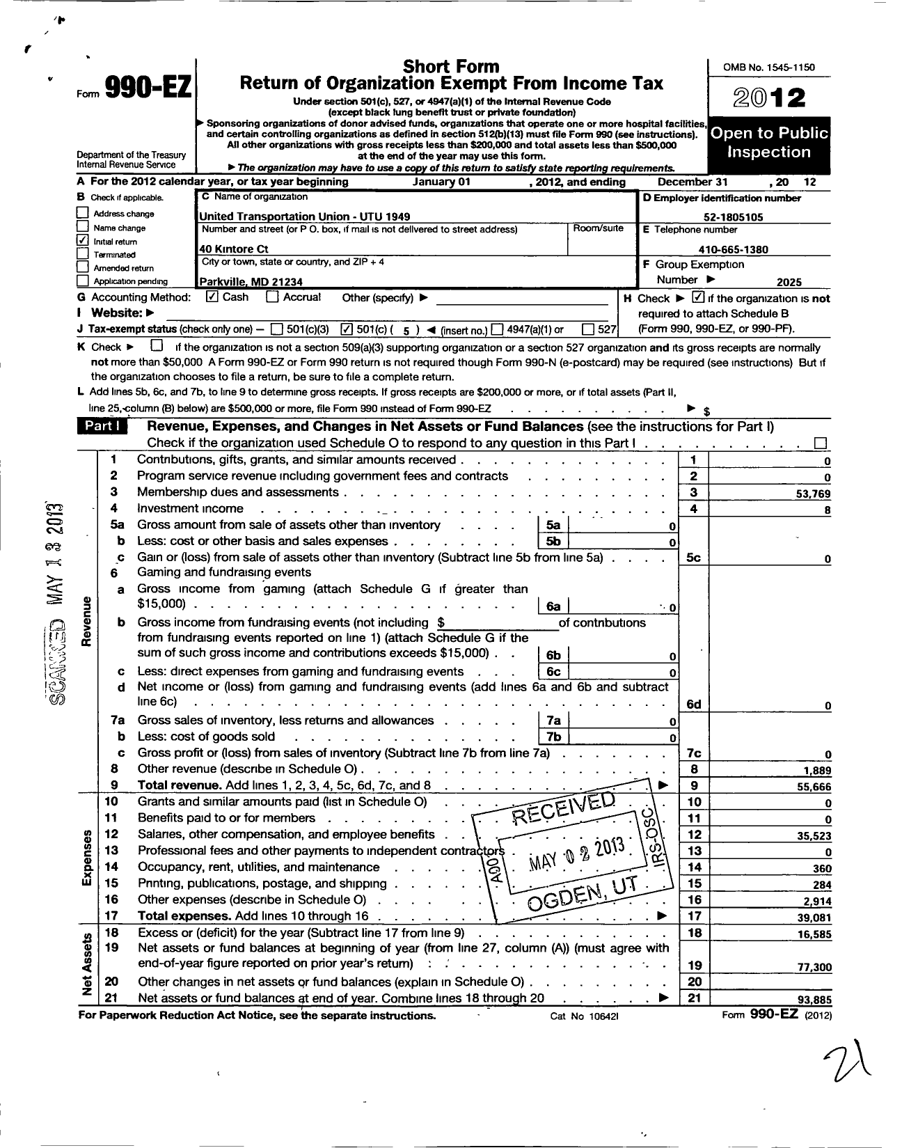 Image of first page of 2012 Form 990EO for Smart Union - 1949 TD