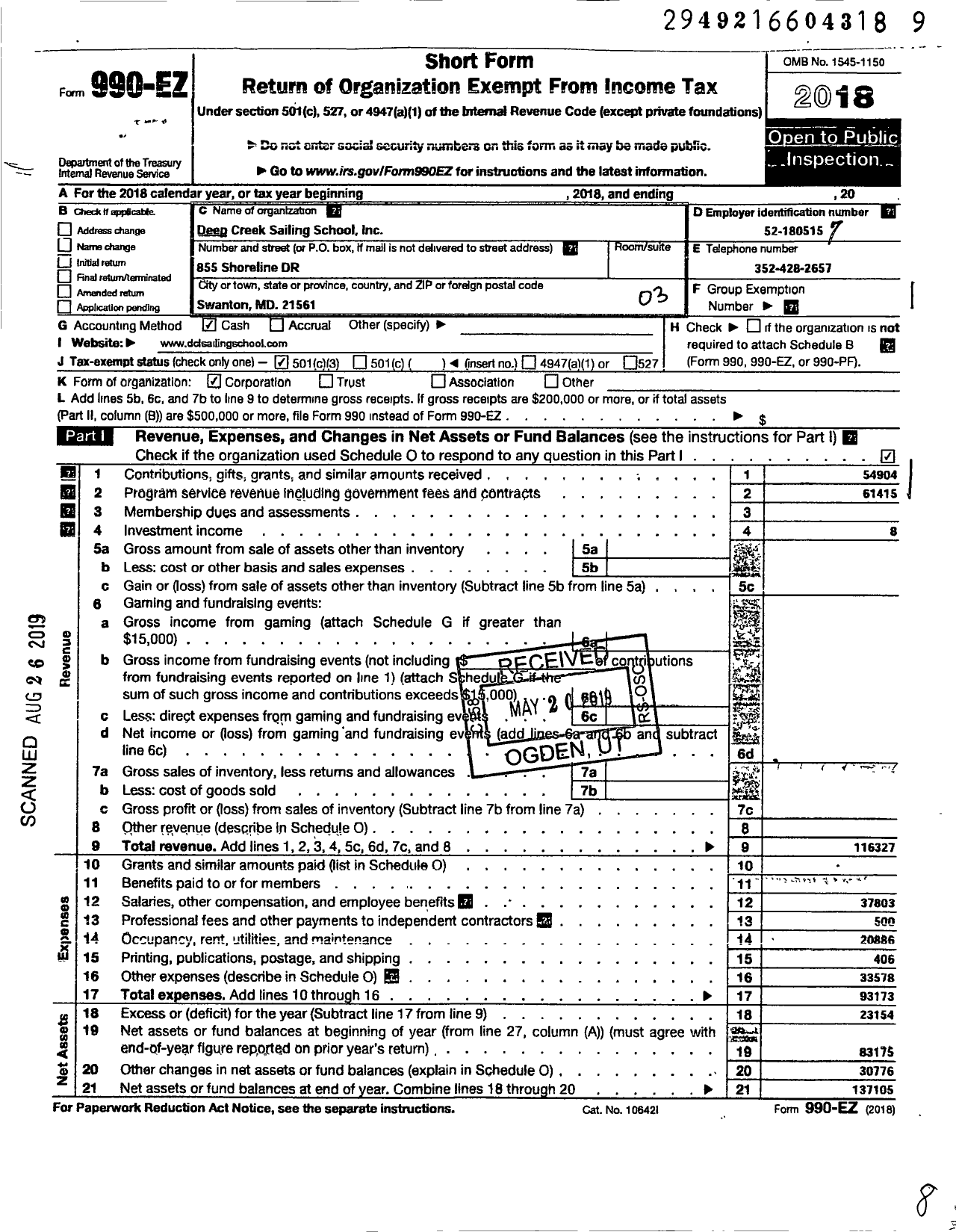 Image of first page of 2018 Form 990EZ for Deep Creek Sailing School