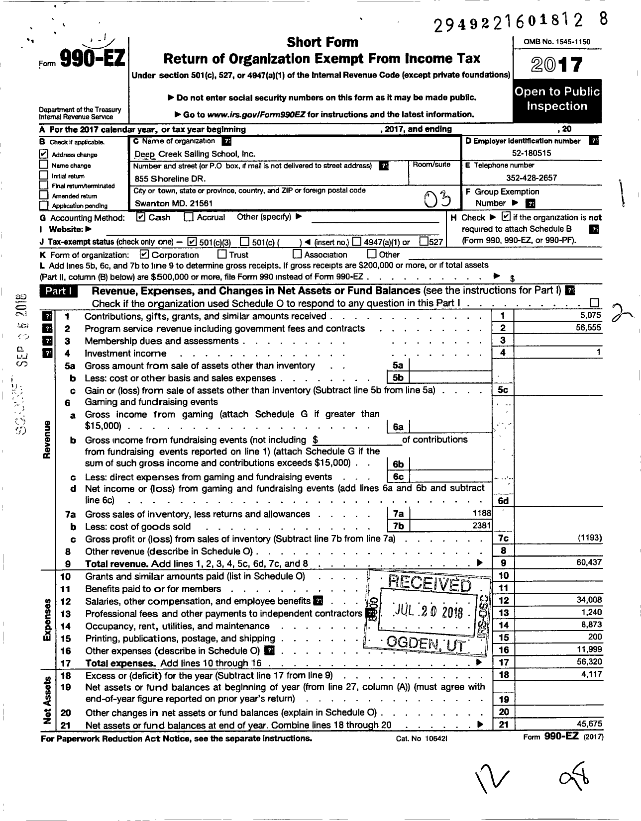 Image of first page of 2017 Form 990EZ for Deep Creek Sailing School