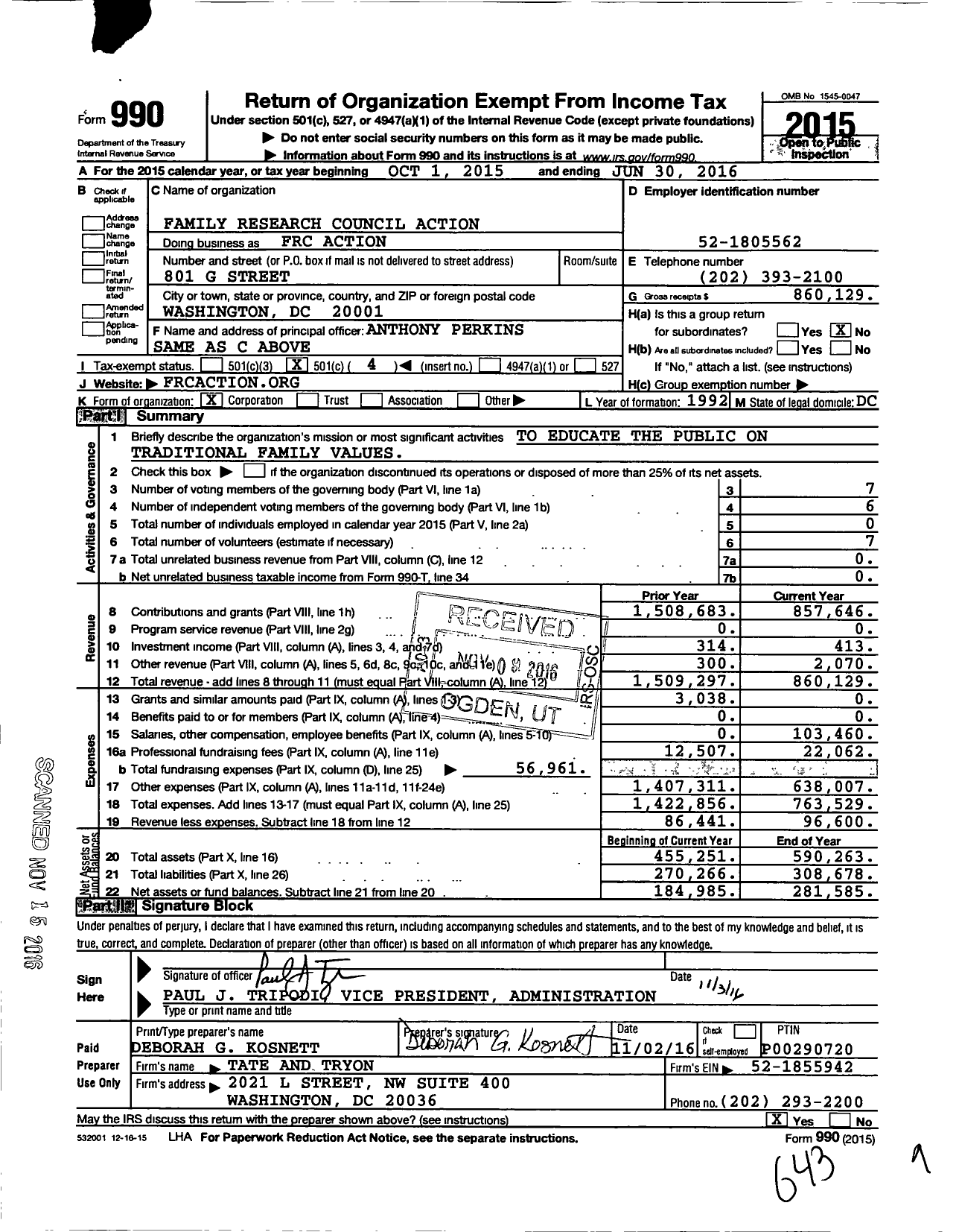 Image of first page of 2015 Form 990O for FRC Action