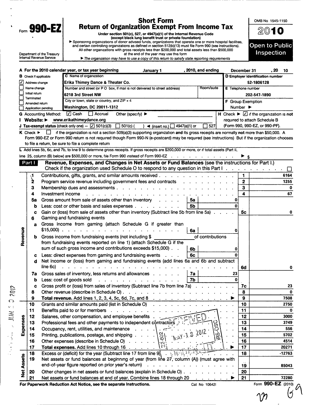 Image of first page of 2010 Form 990EZ for Erika Thimey Dance and Theater Company