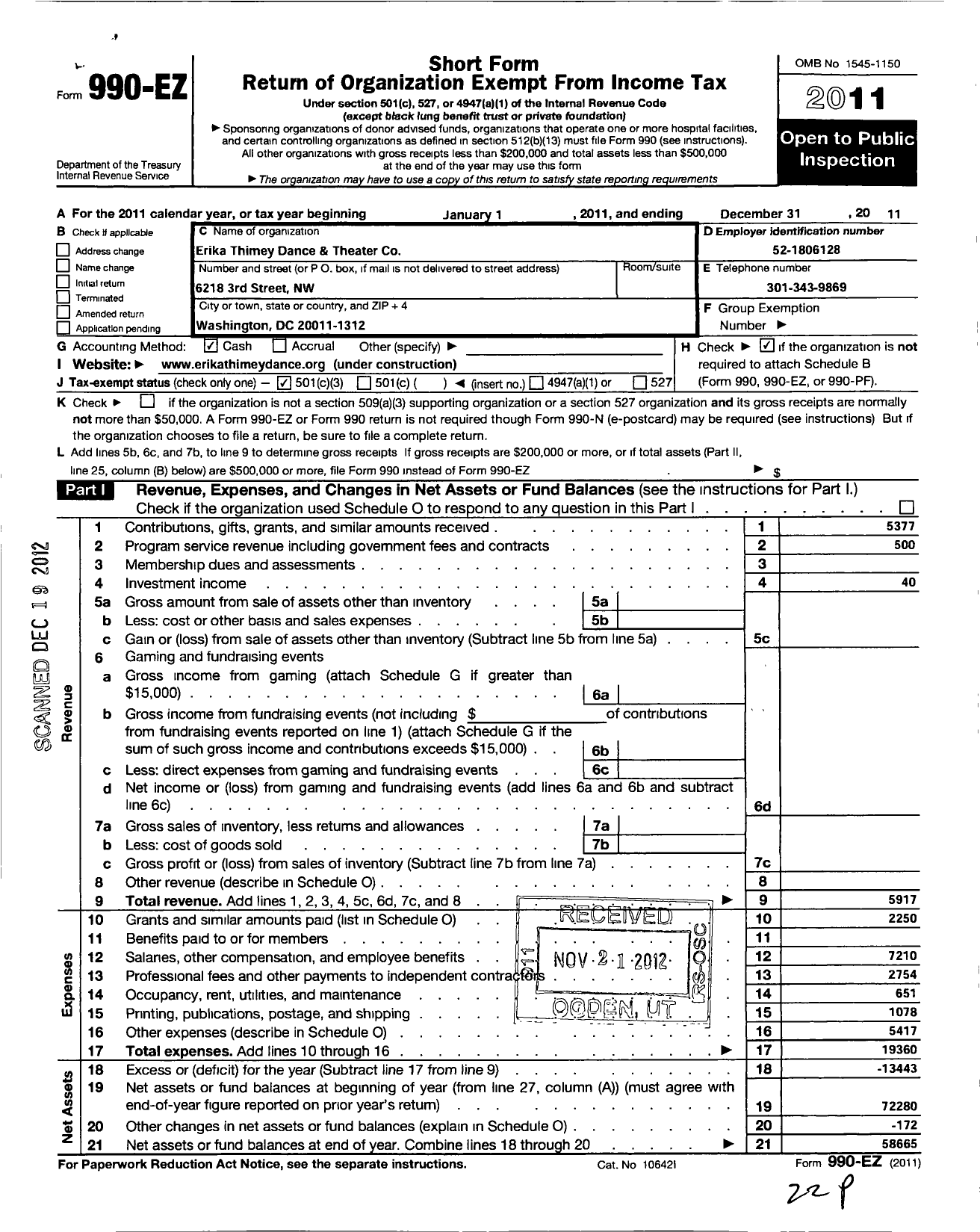 Image of first page of 2011 Form 990EZ for Erika Thimey Dance and Theater Company