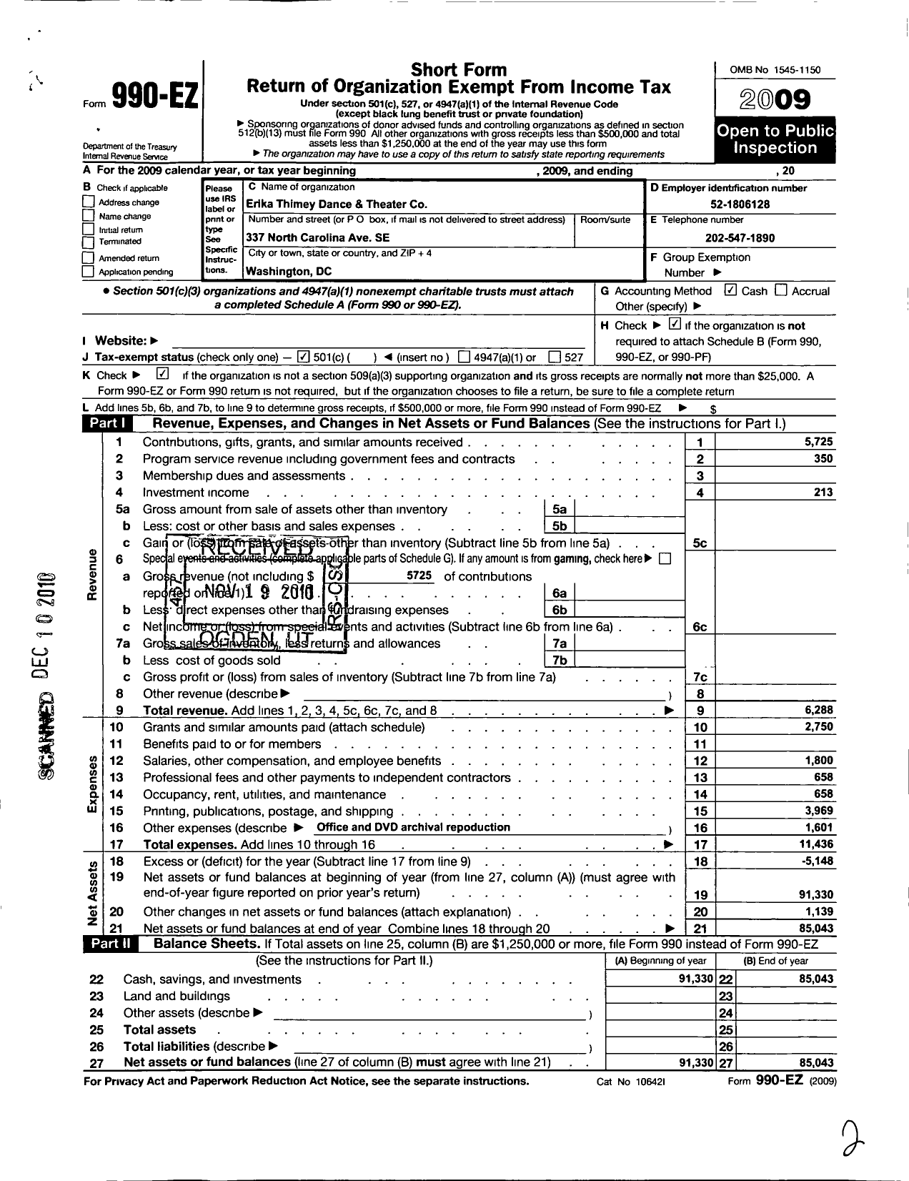 Image of first page of 2009 Form 990EO for Erika Thimey Dance and Theater Company